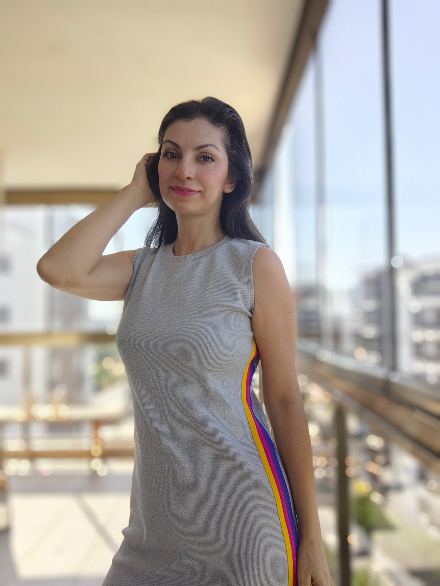 Champ Yanları Renkli Şeritli Elbise 