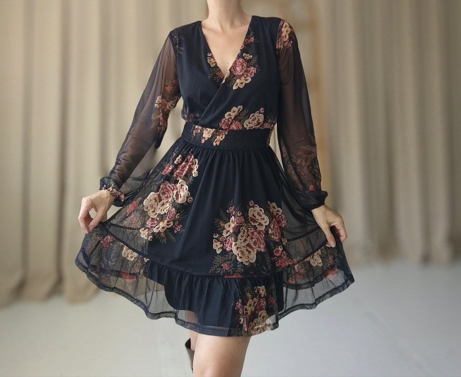 Çiçek Desenli Mini Tül Elbise -1137