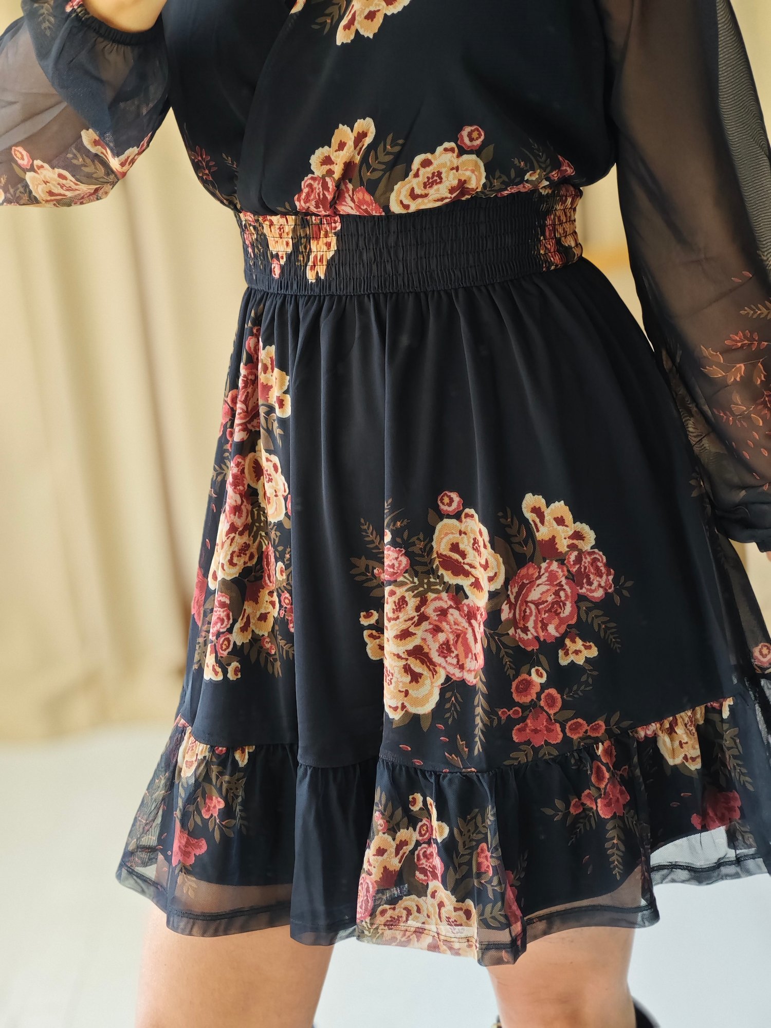 Çiçek Desenli Mini Tül Elbise -1137