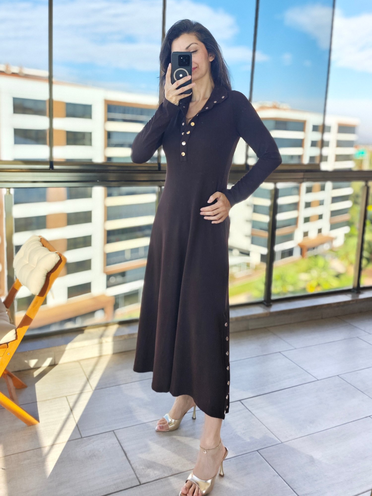 Çıtçıt Detaylı Triko Elbise Kahve - 2710