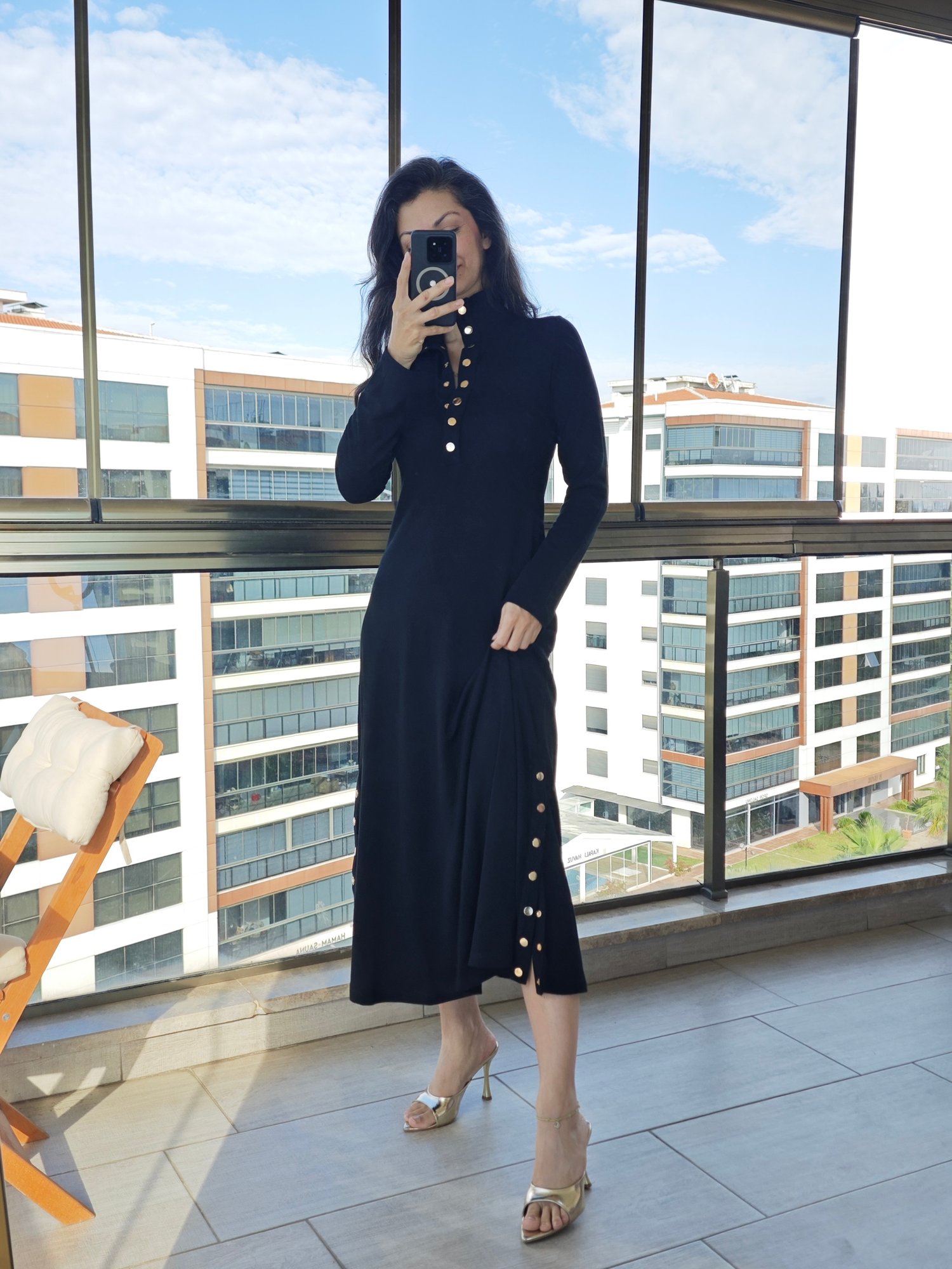 Çıtçıt Detaylı Triko Elbise Siyah - 2710