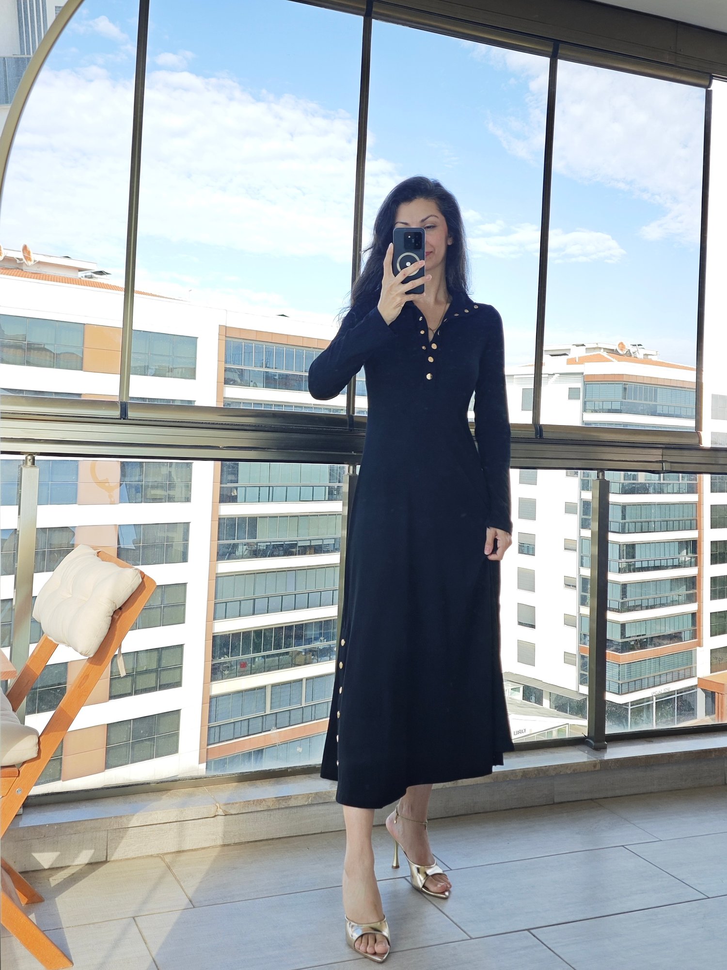 Çıtçıt Detaylı Triko Elbise Siyah - 2710