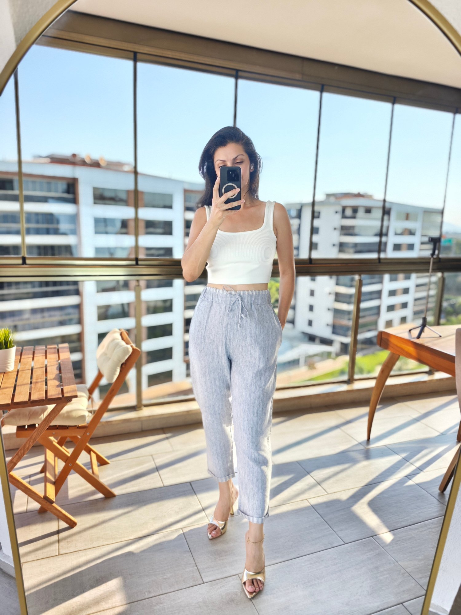 Çizgi Dokulu Bağcıklı Pantolon Gri