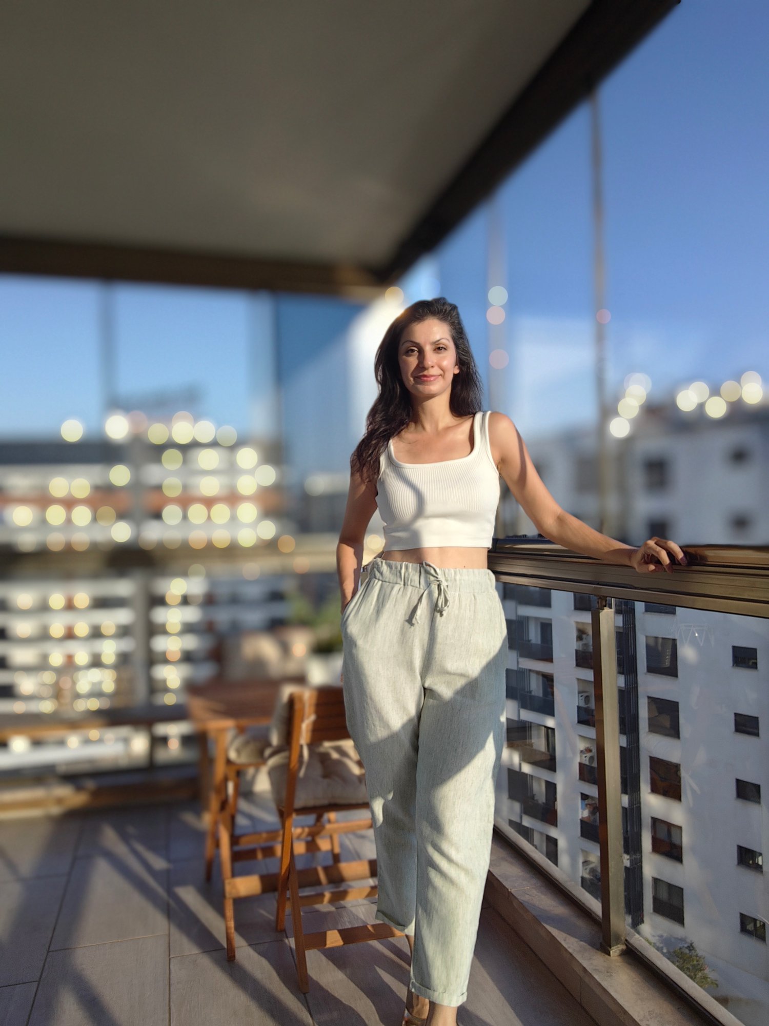 Çizgi Dokulu Bağcıklı Pantolon Yeşil
