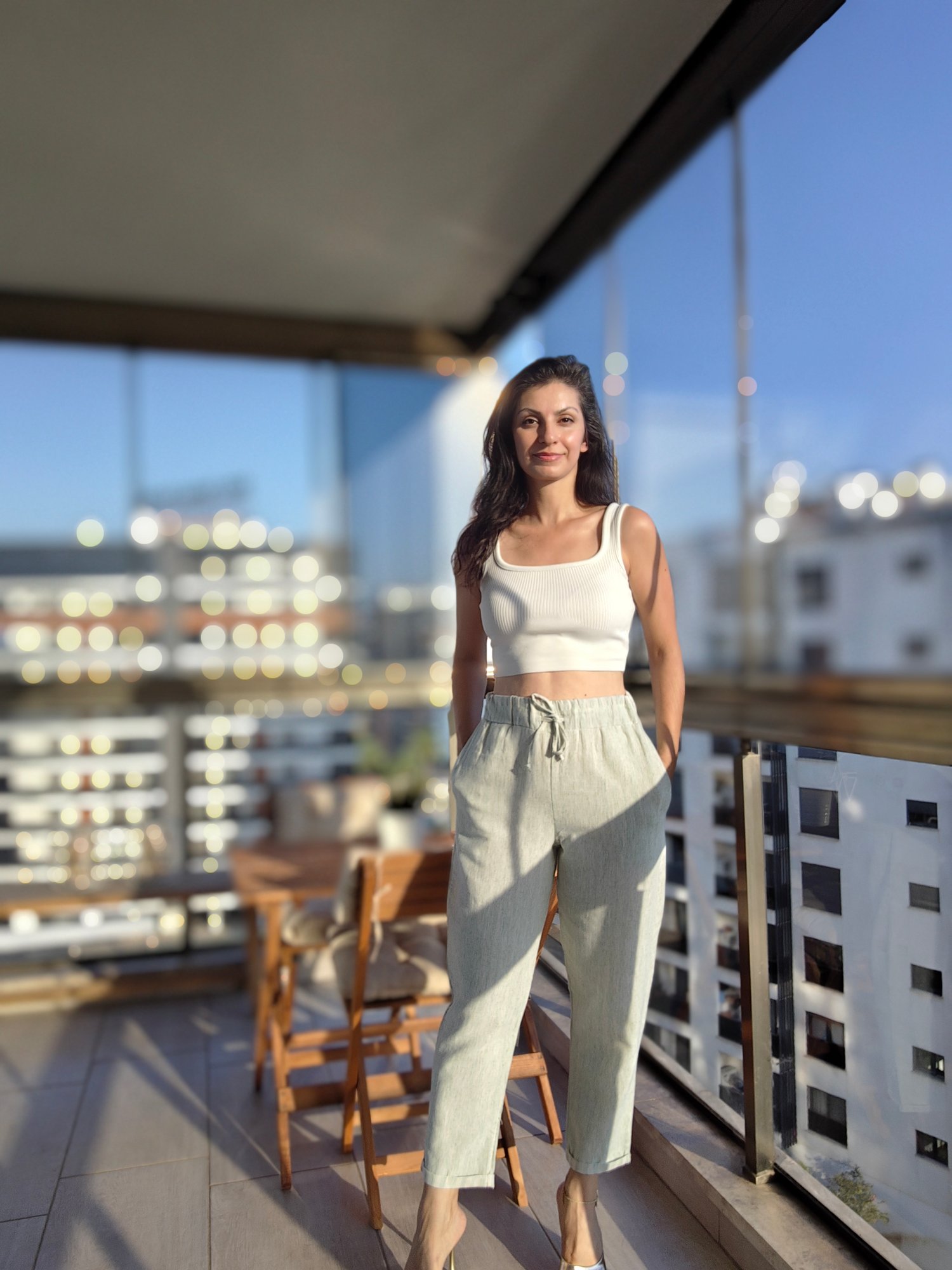 Çizgi Dokulu Bağcıklı Pantolon Yeşil