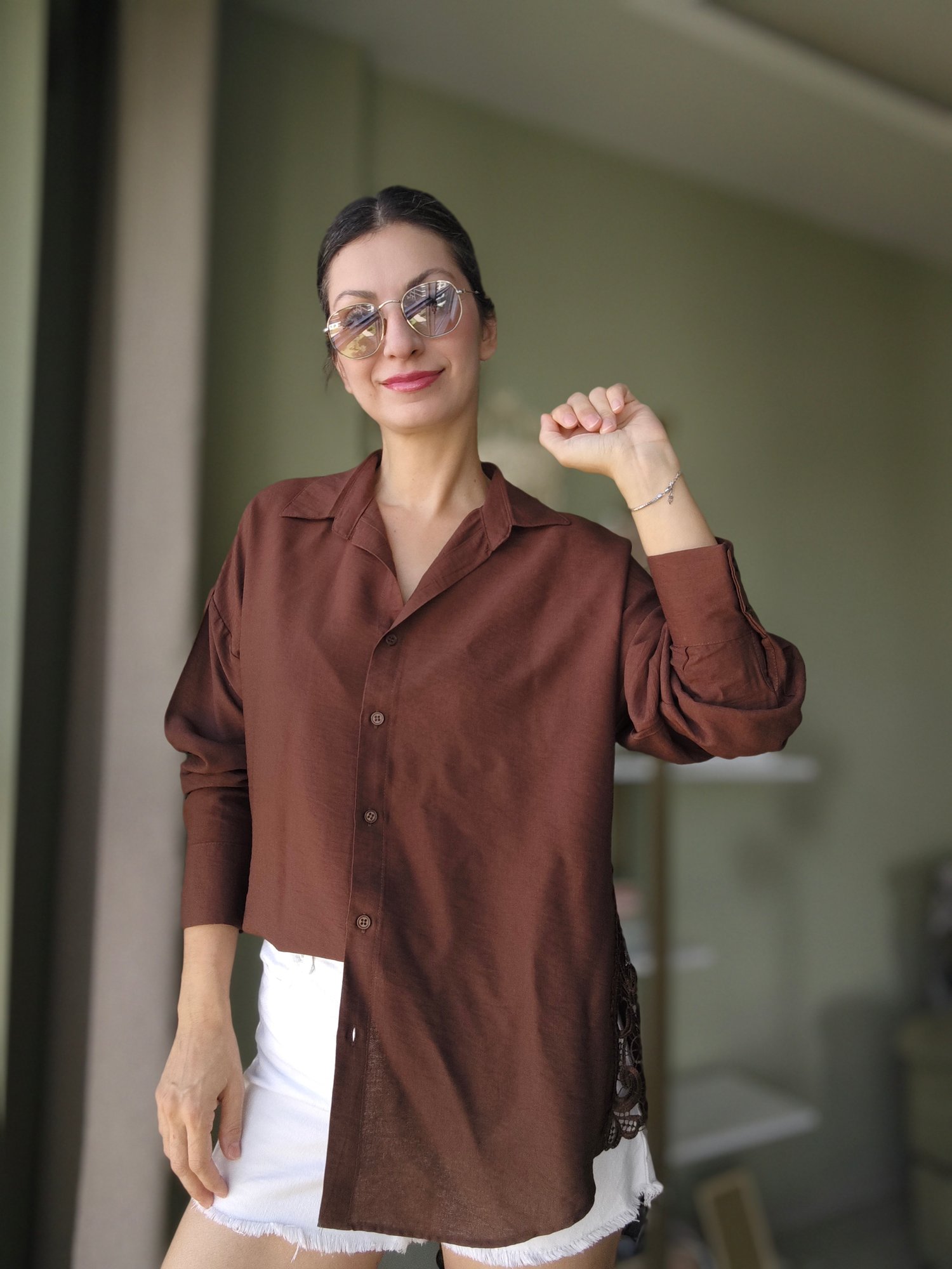 Dantel Detaylı Salaş Gömlek Kahve