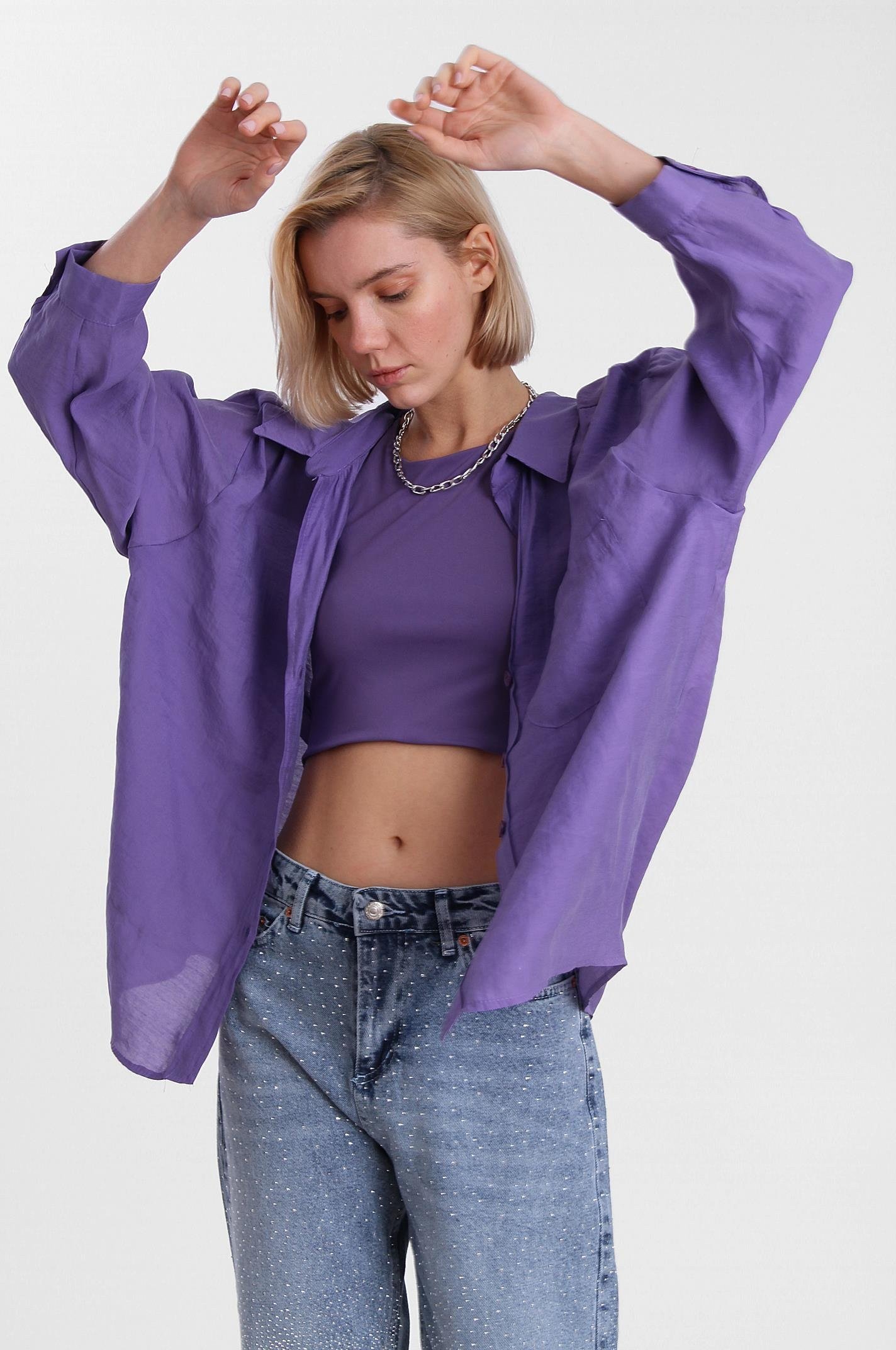 Düşük Omuz Gömlek Mor