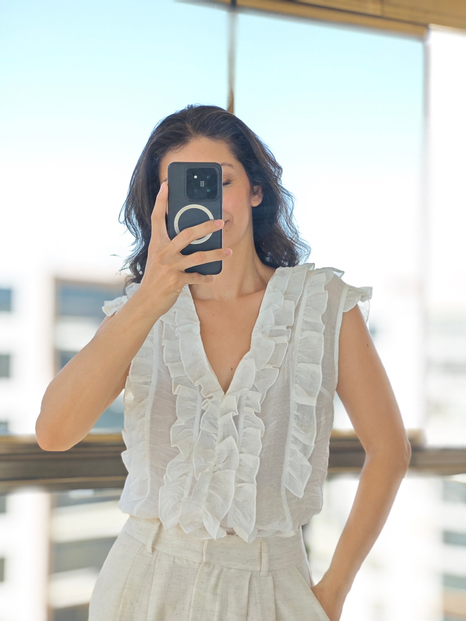 Fırfır Detaylı Bluz Beyaz