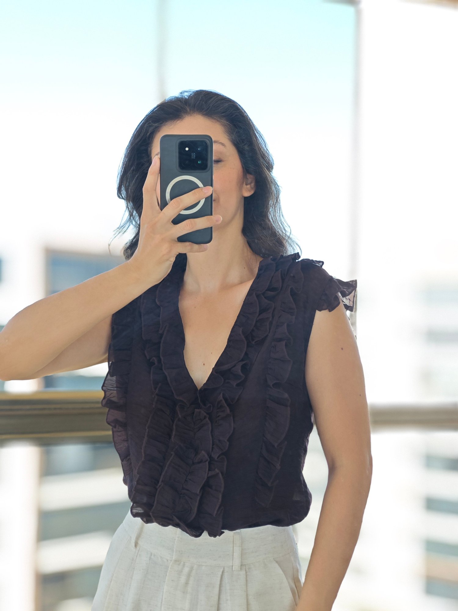 Fırfır Detaylı Bluz Kahverengi