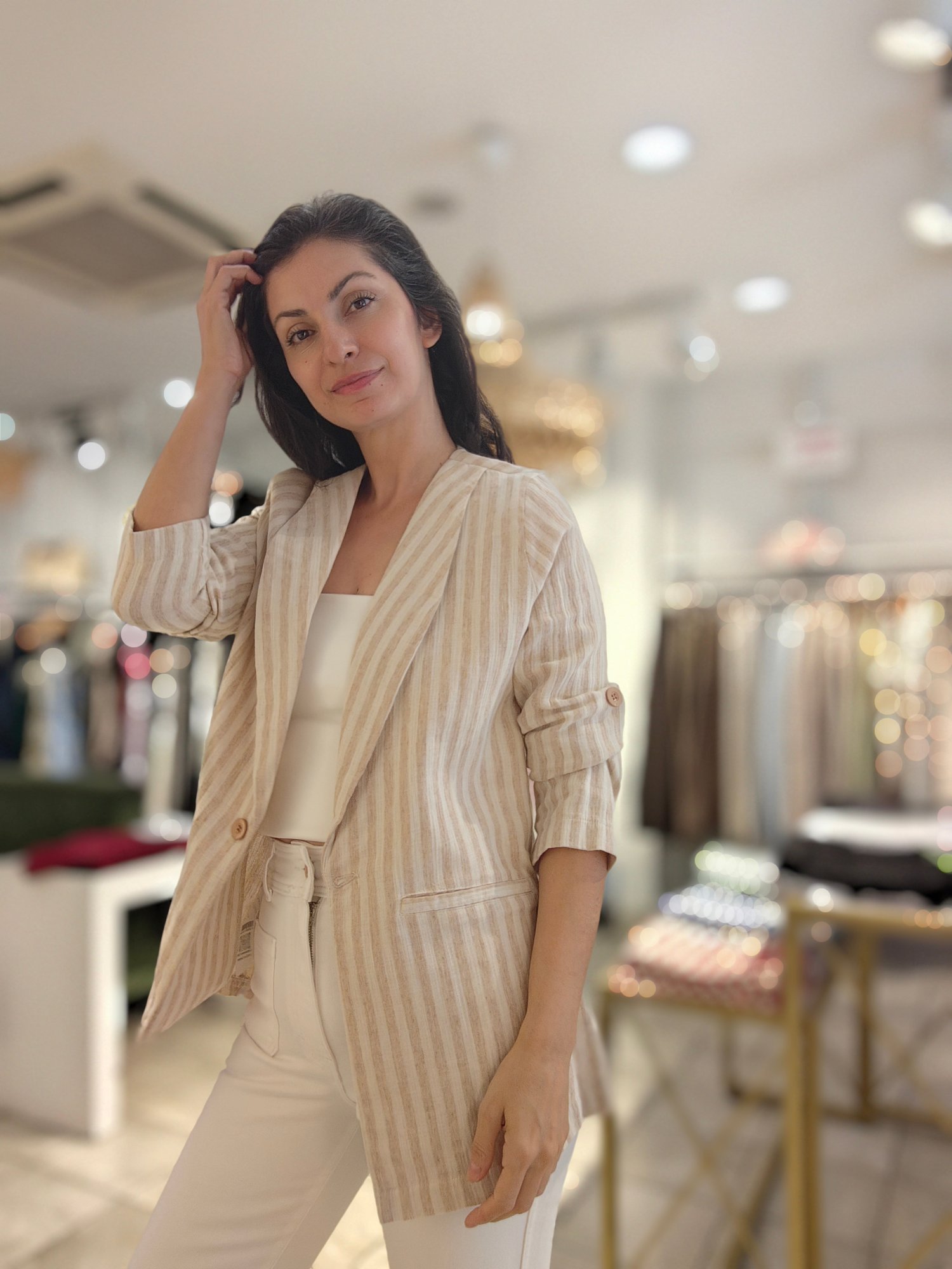 Kendinden Çizgili Blazer Ceket Bej