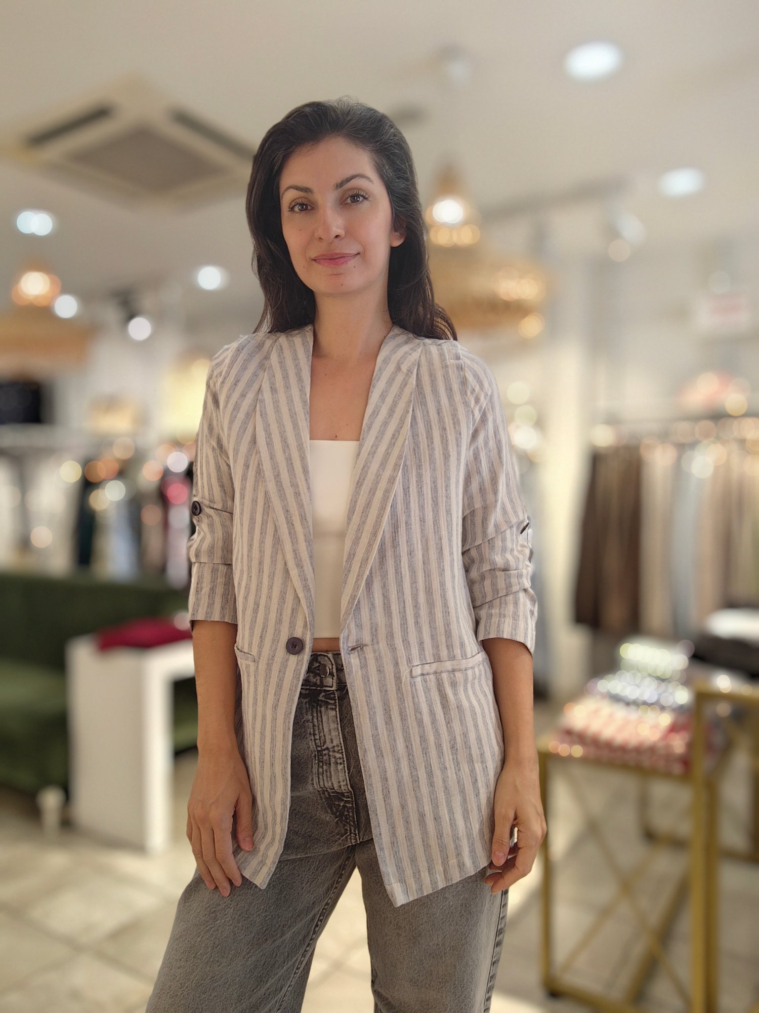 Kendinden Çizgili Blazer Ceket Gri