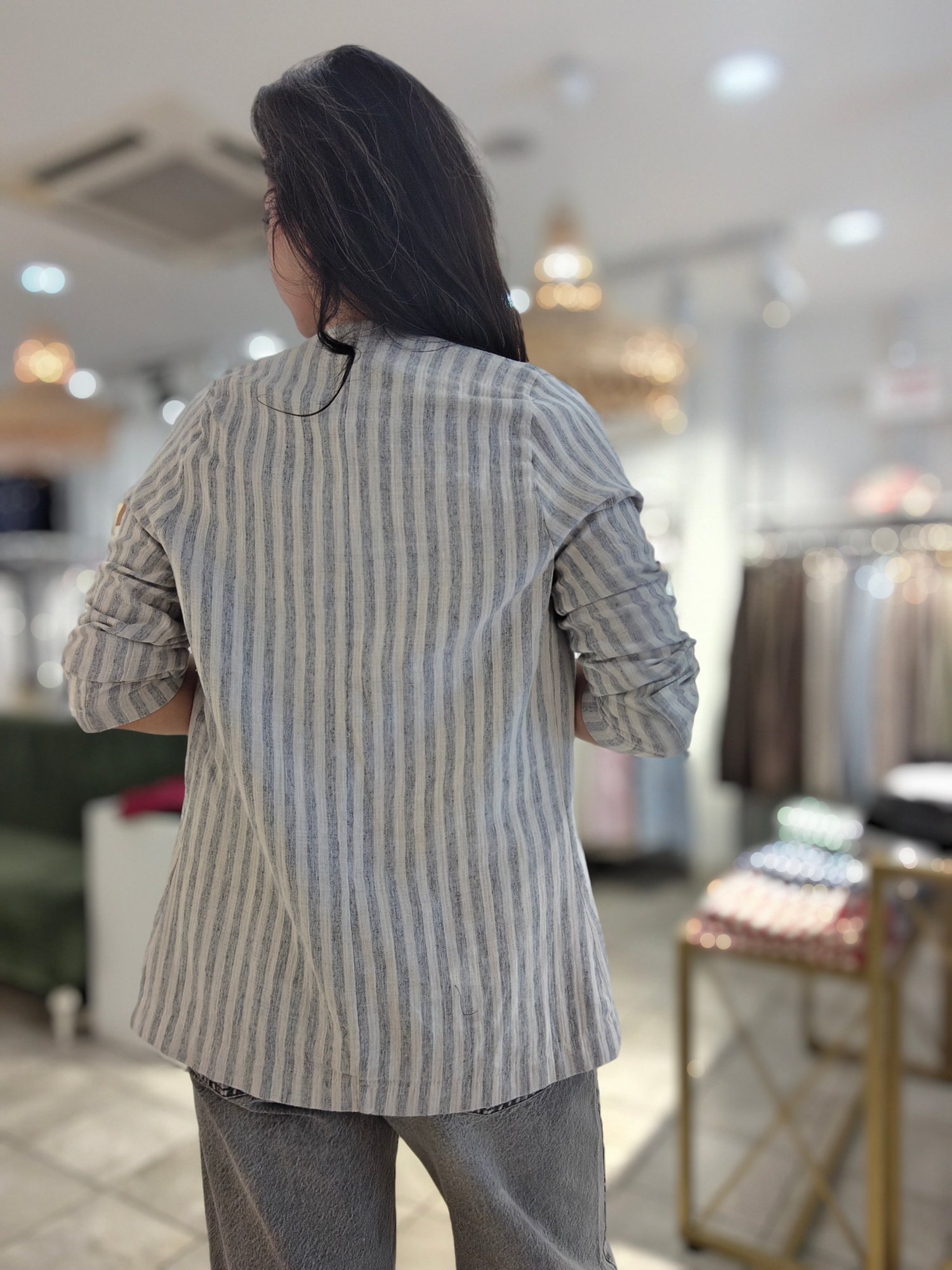 Kendinden Çizgili Blazer Ceket Gri
