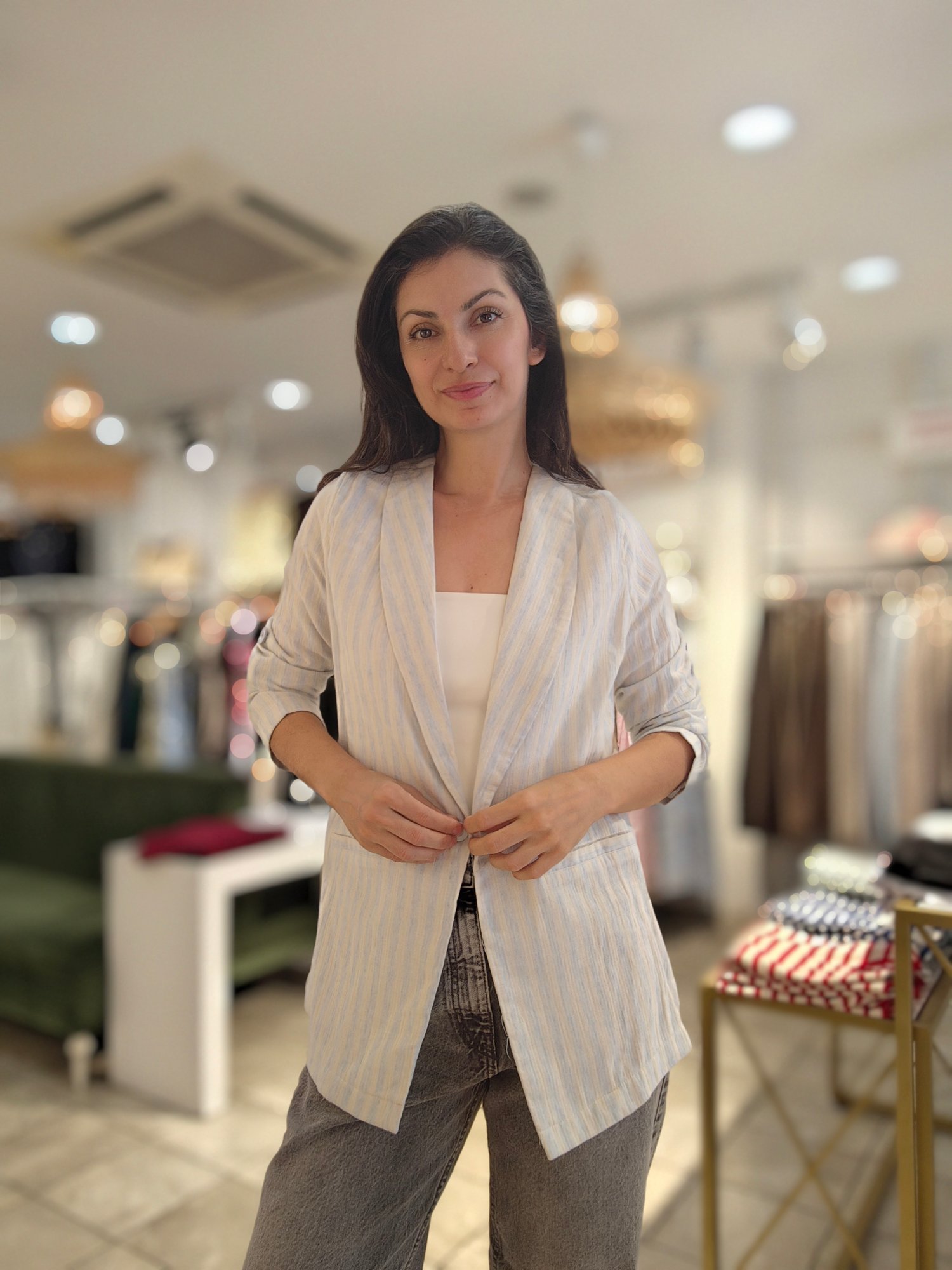 Kendinden Çizgili Blazer Ceket Mavi