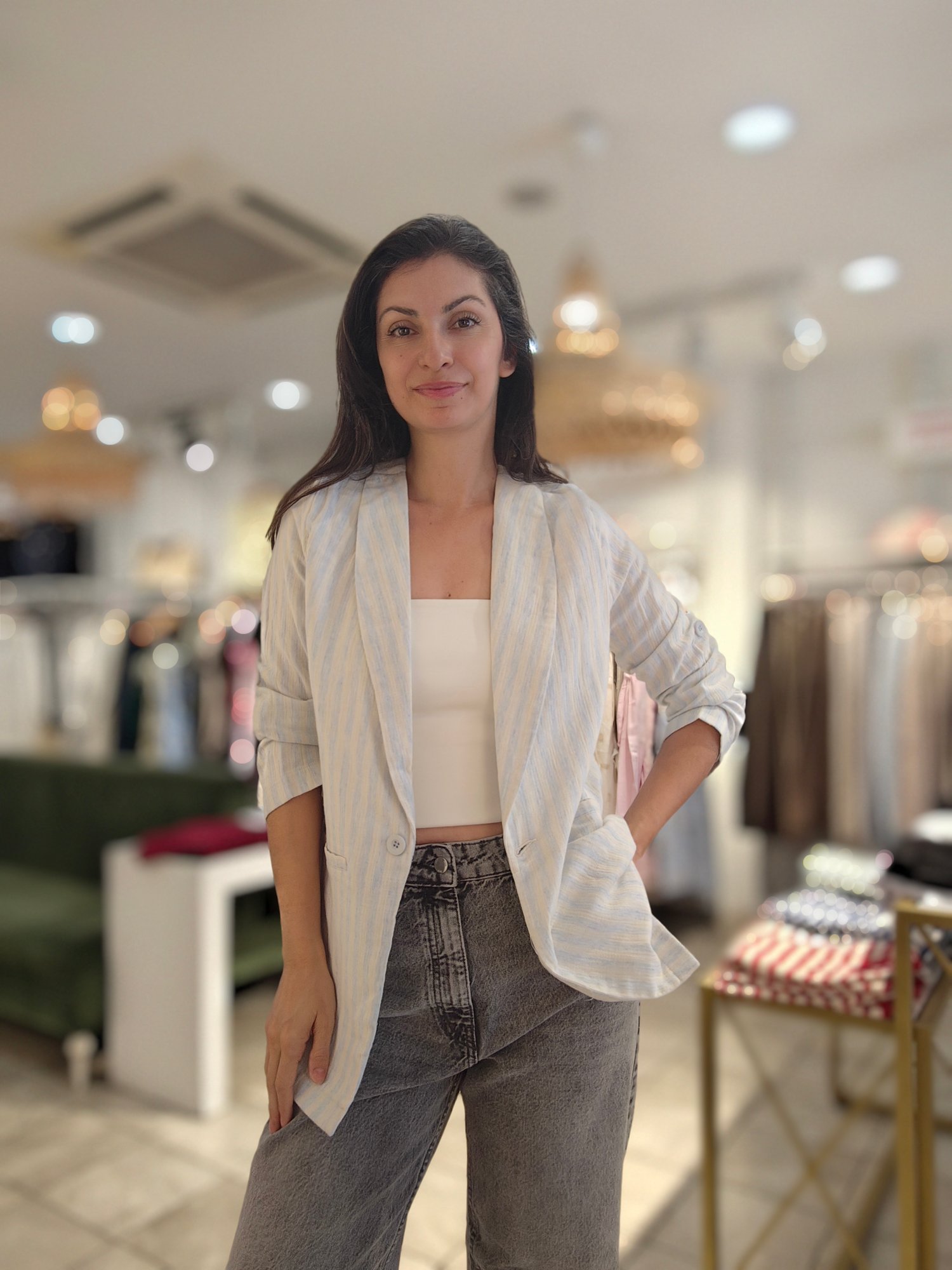 Kendinden Çizgili Blazer Ceket Mavi