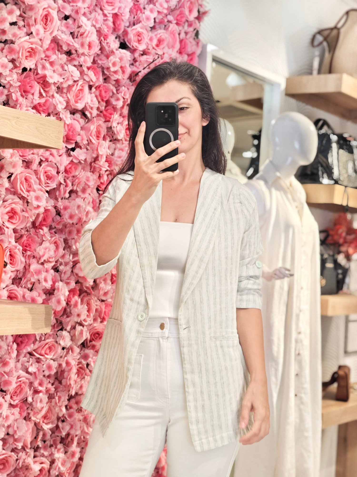 Kendinden Çizgili Blazer Ceket Yeşil