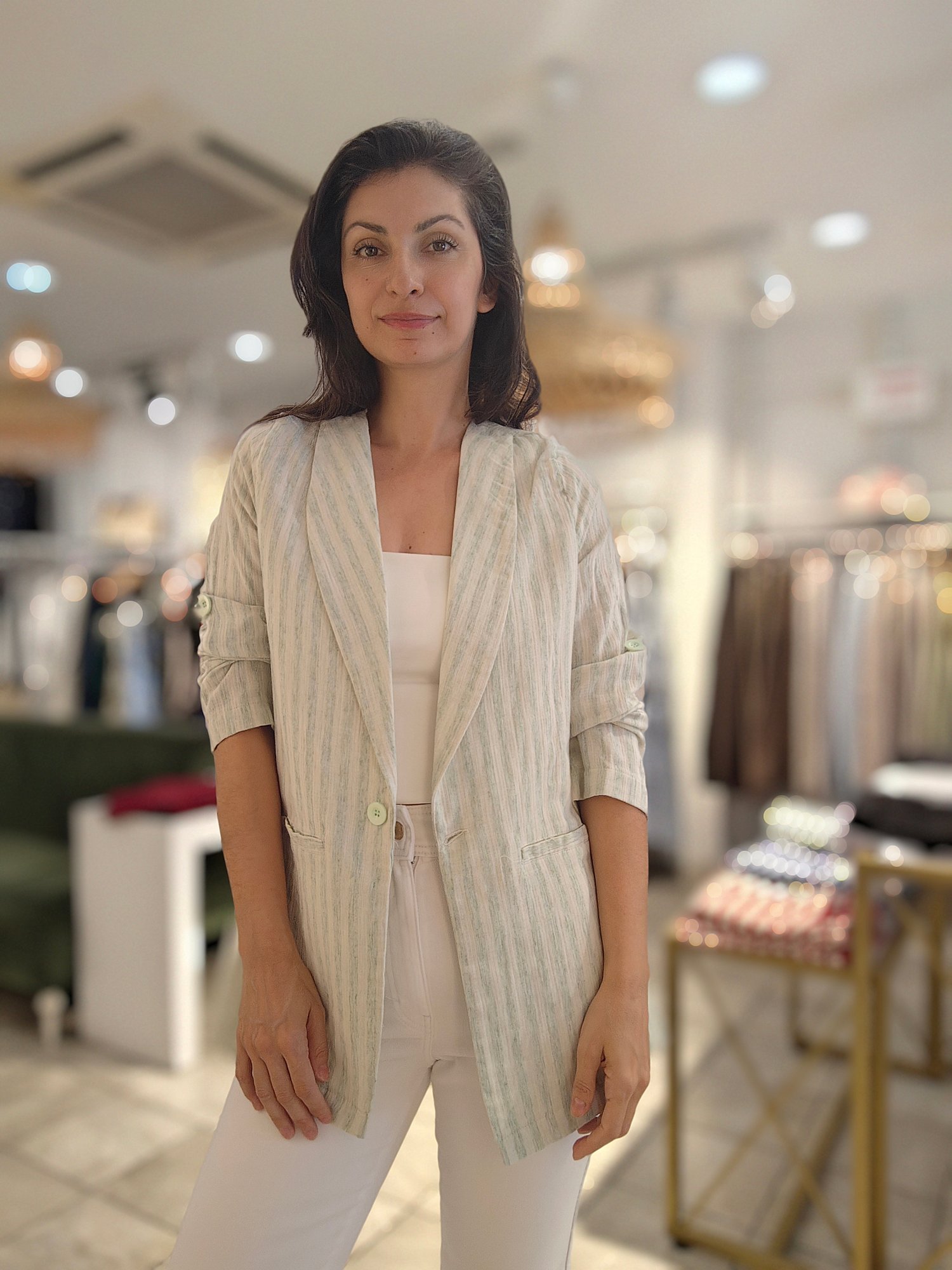 Kendinden Çizgili Blazer Ceket Yeşil