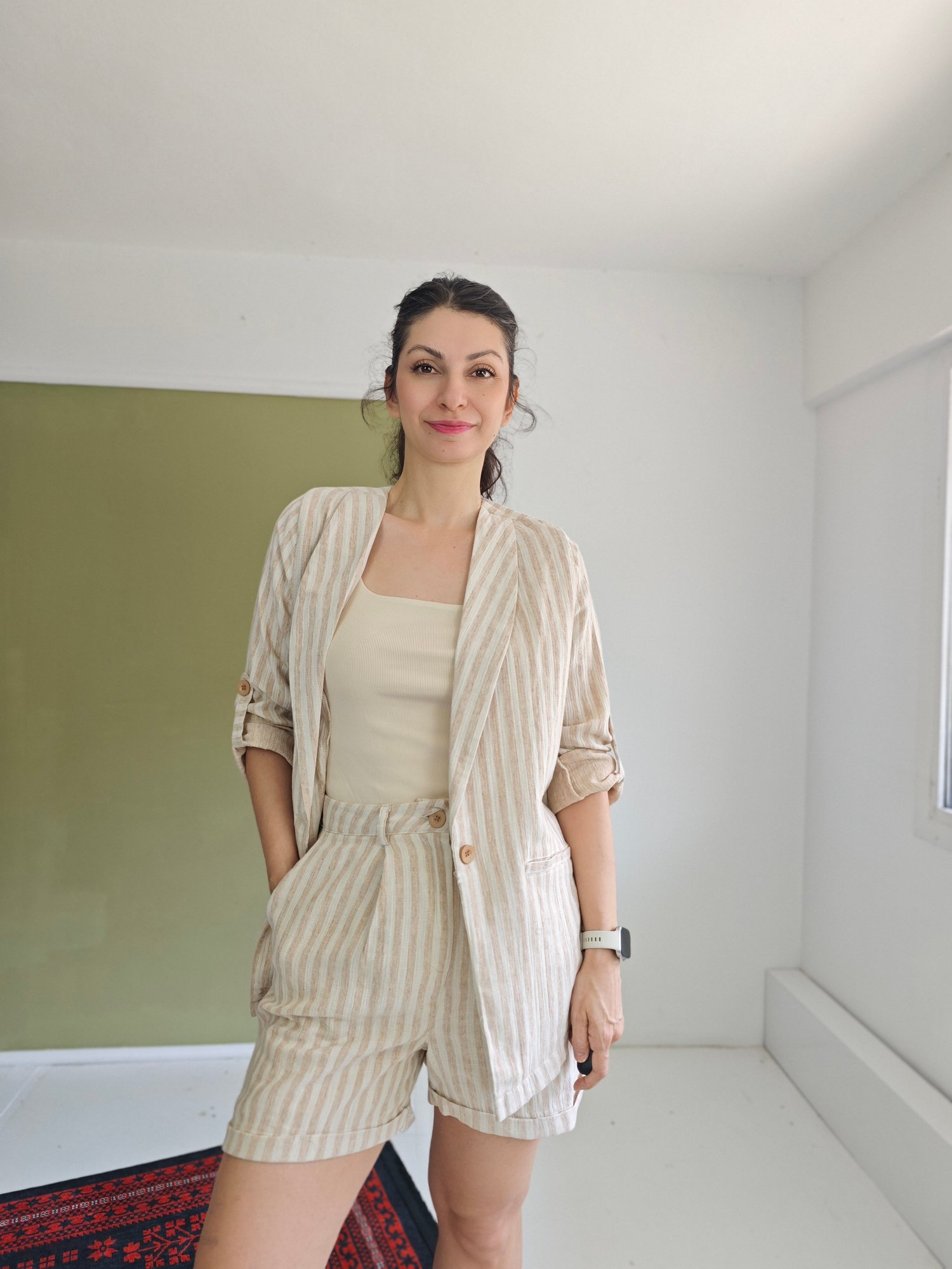 Keten Blazer Ceket Takım Krem