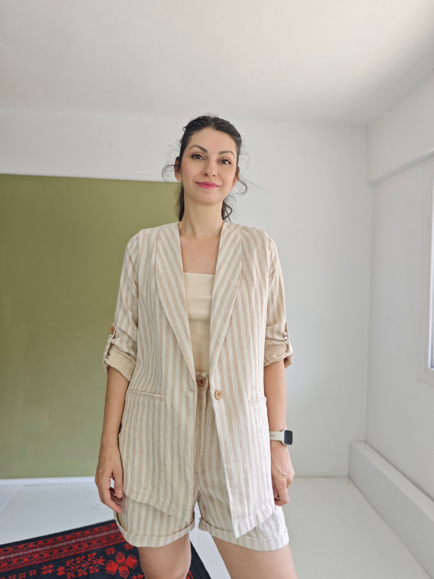 Keten Blazer Ceket Takım Krem