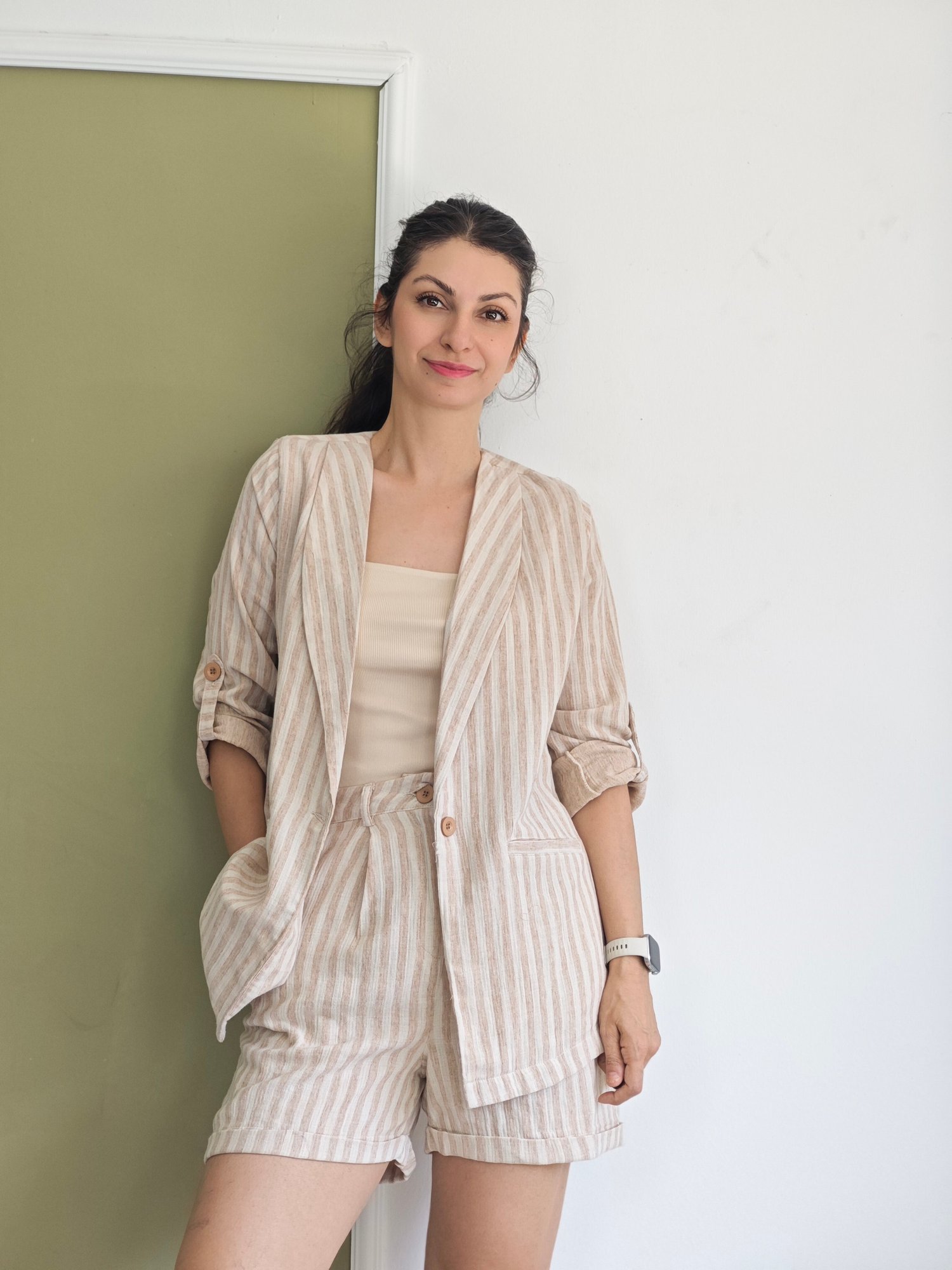 Keten Blazer Ceket Takım Krem