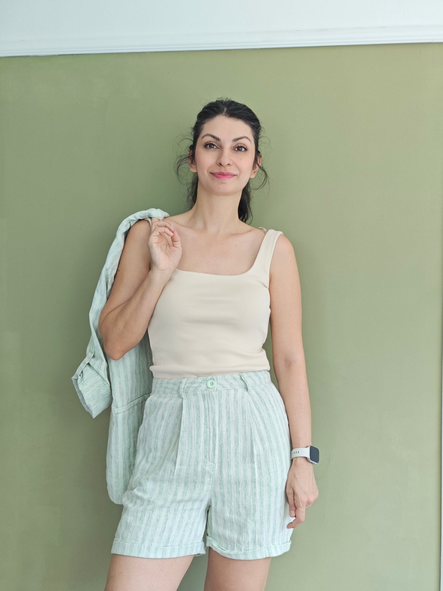 Keten Blazer Ceket Takım Yeşil