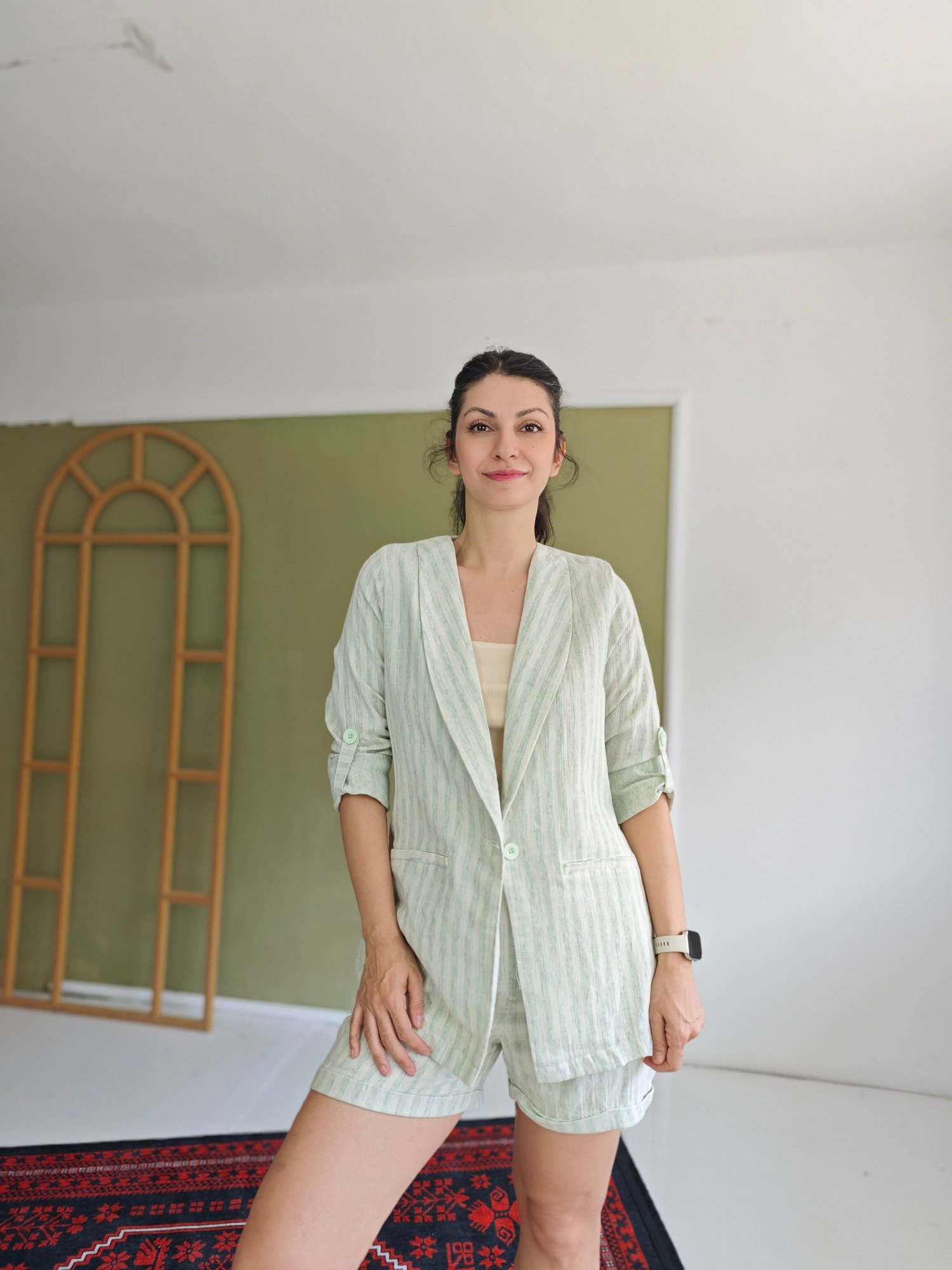 Keten Blazer Ceket Takım Yeşil