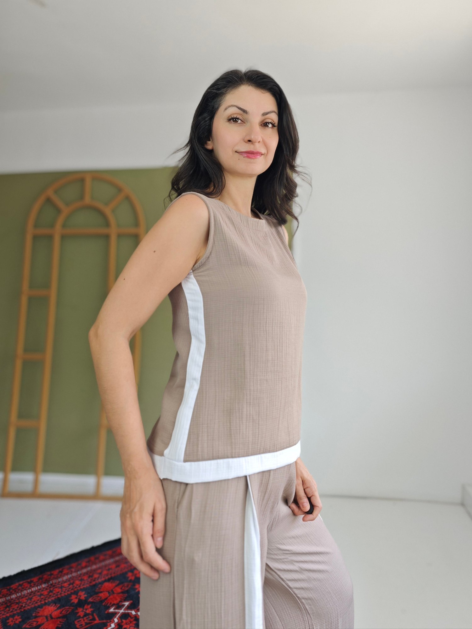 Muslin Şeritli Takım Vizon