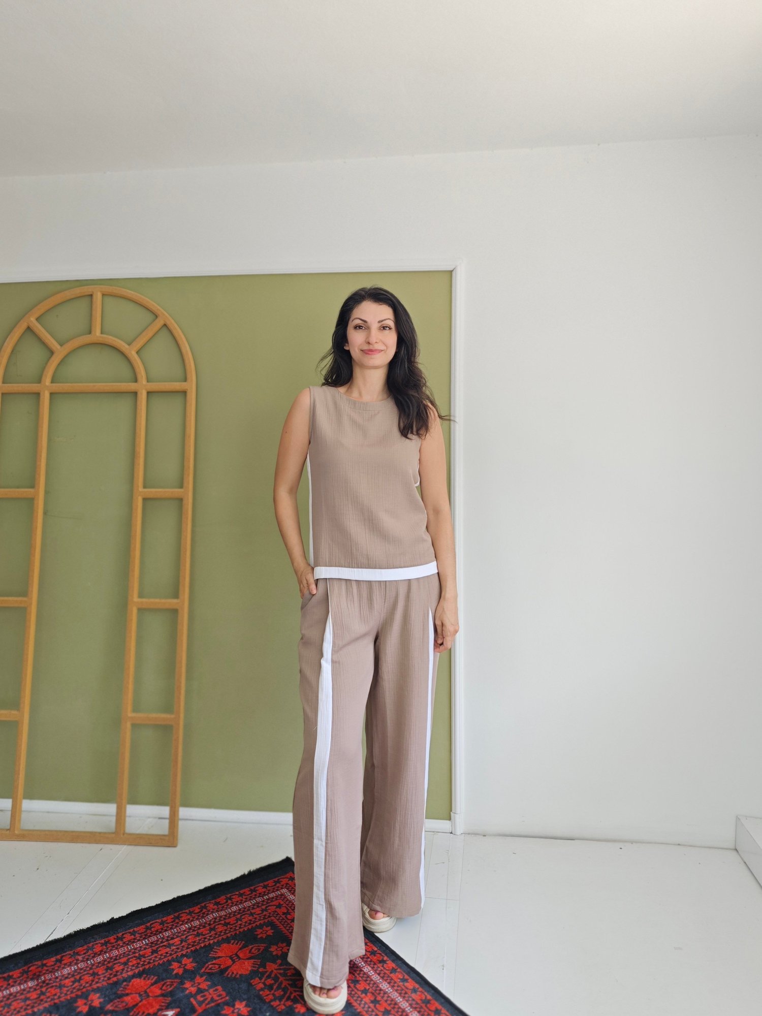 Muslin Şeritli Takım Vizon