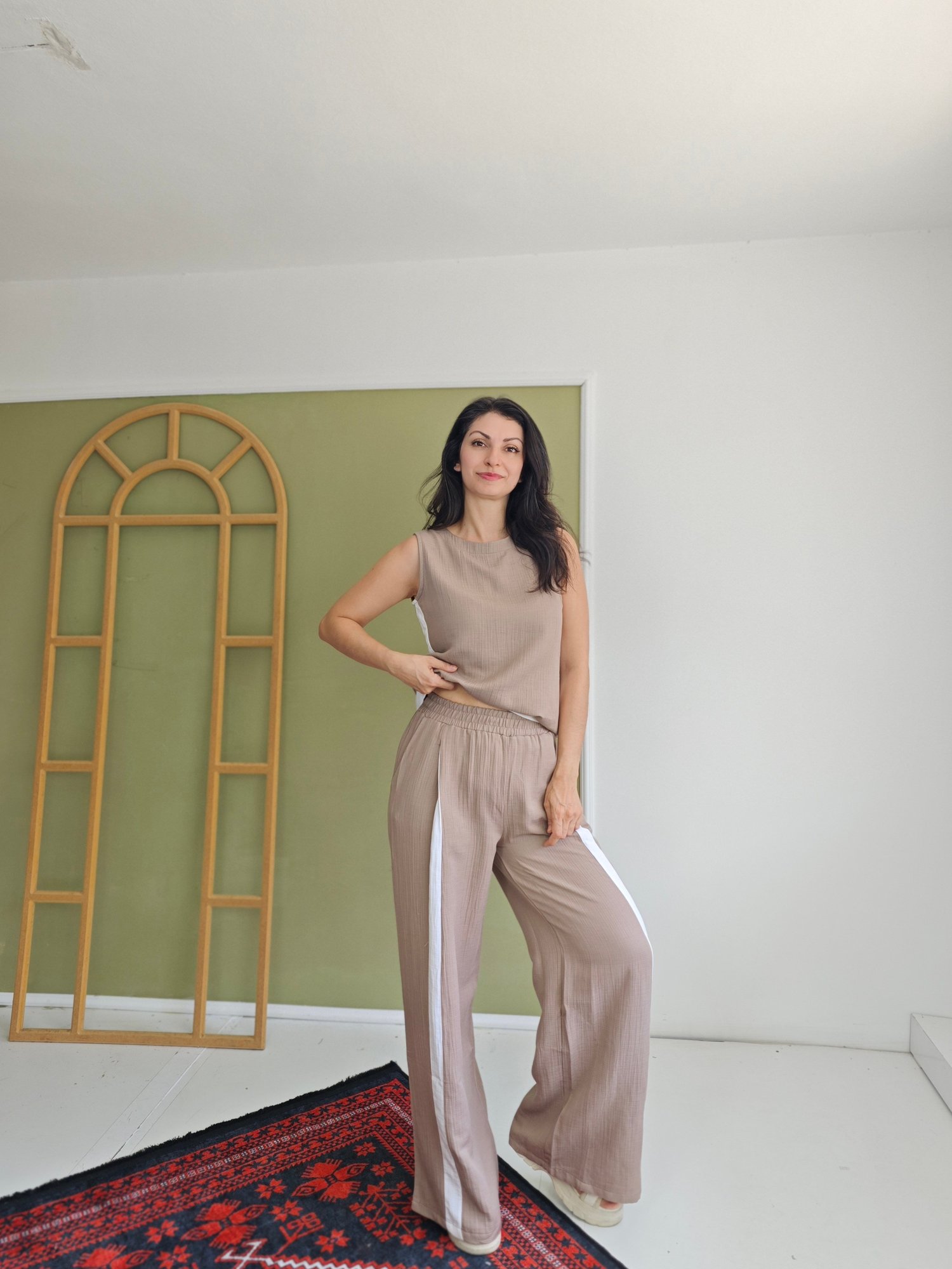 Muslin Şeritli Takım Vizon
