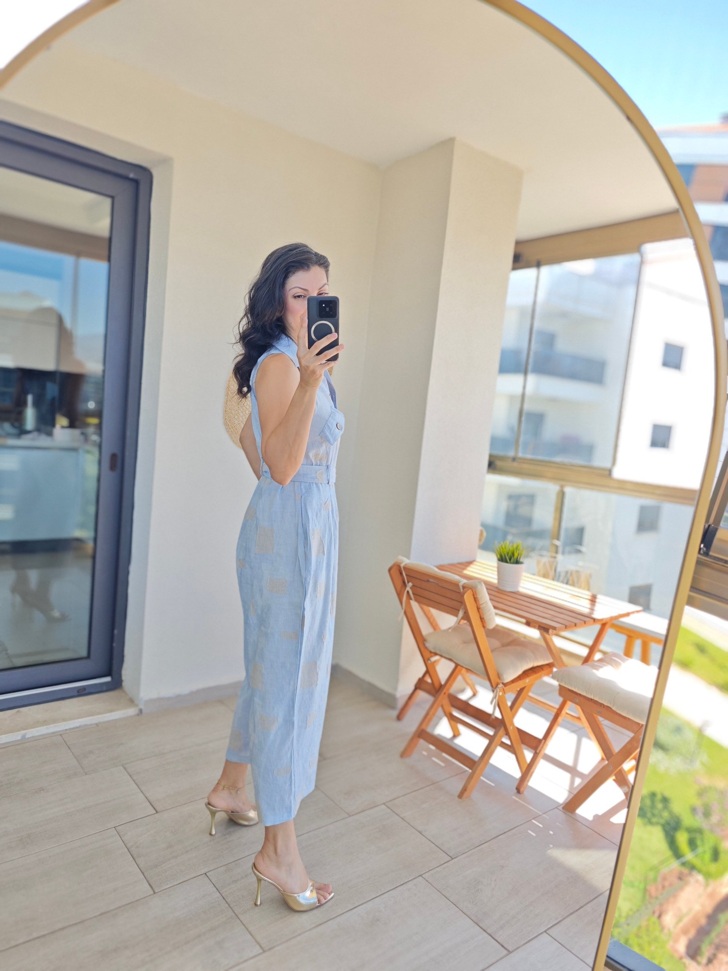 Önden Düğmeli Keten Tulum Mavi