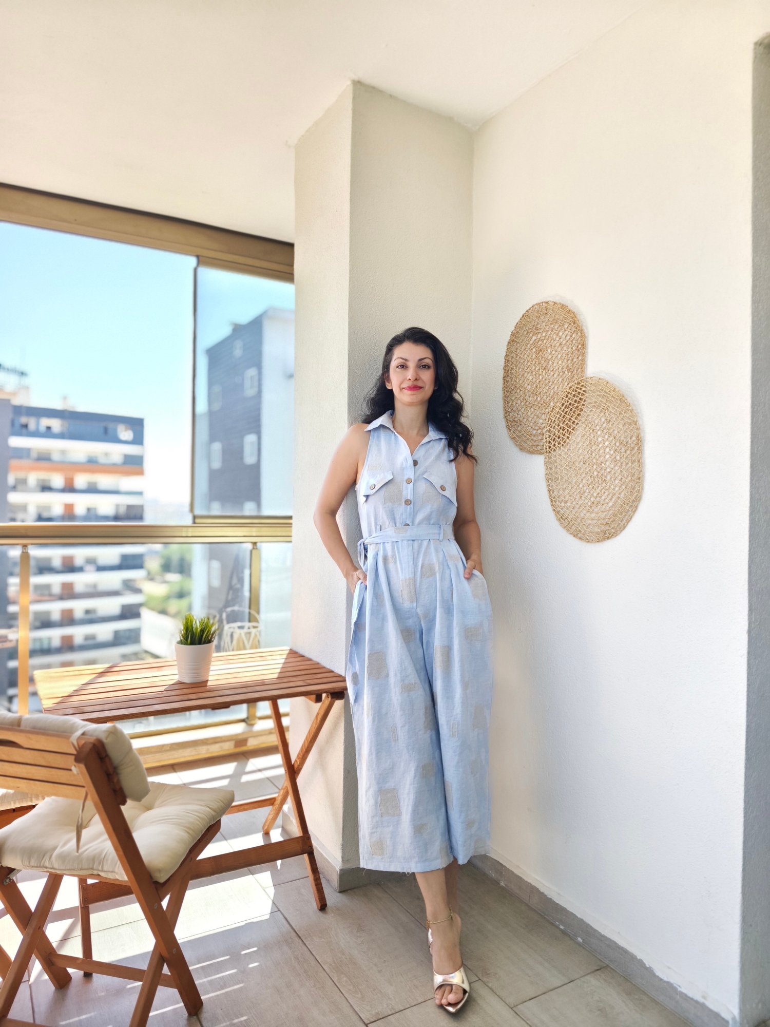 Önden Düğmeli Keten Tulum Mavi