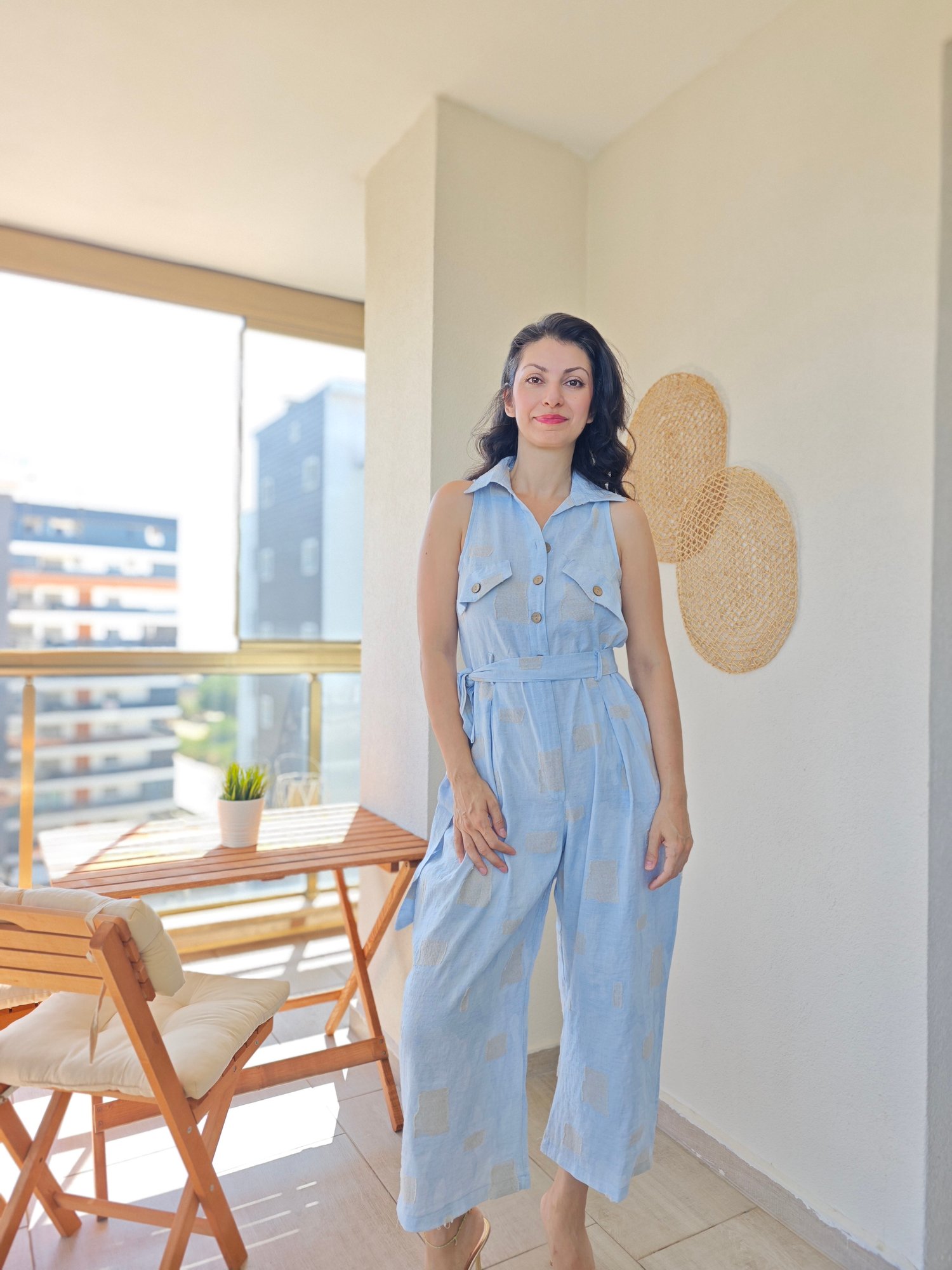 Önden Düğmeli Keten Tulum Mavi