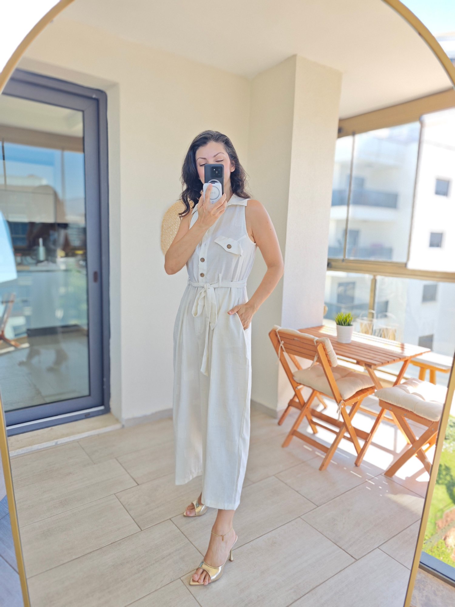 Önden Düğmeli Keten Tulum Naturel