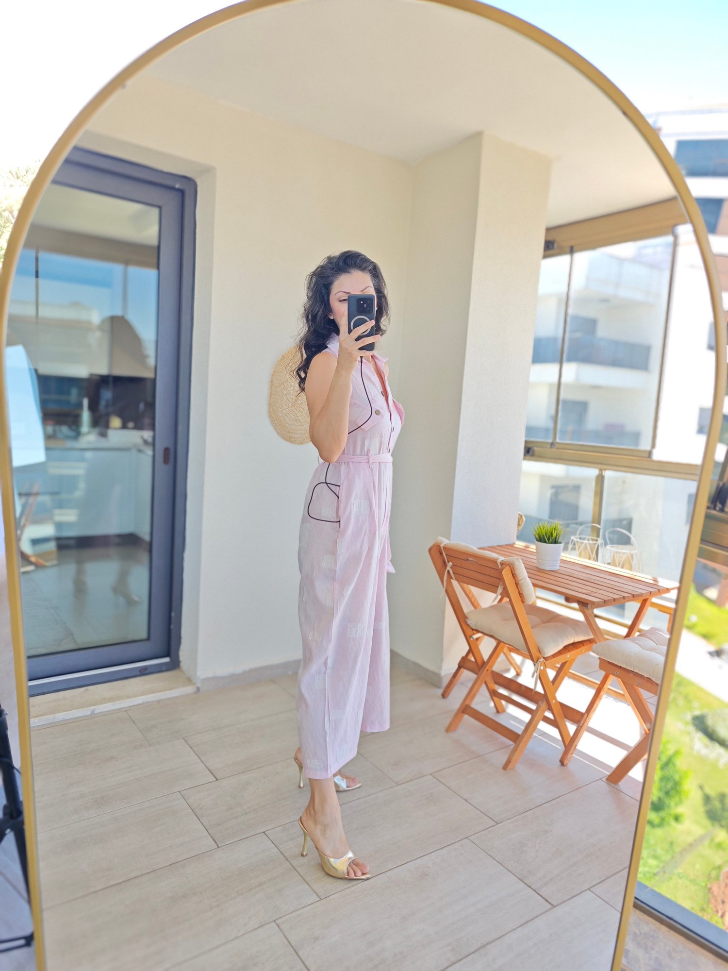 Önden Düğmeli Keten Tulum Pembe