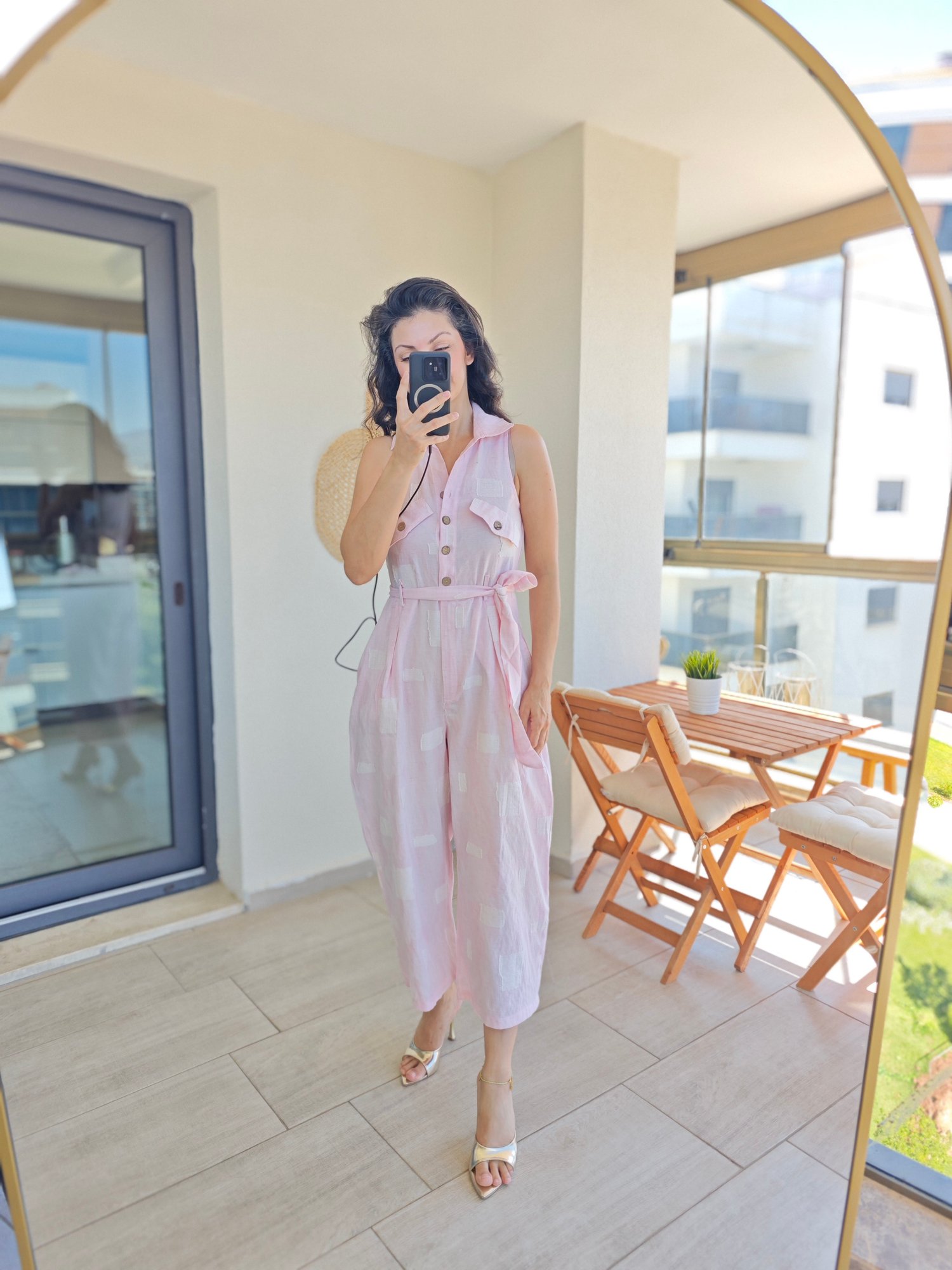 Önden Düğmeli Keten Tulum Pembe