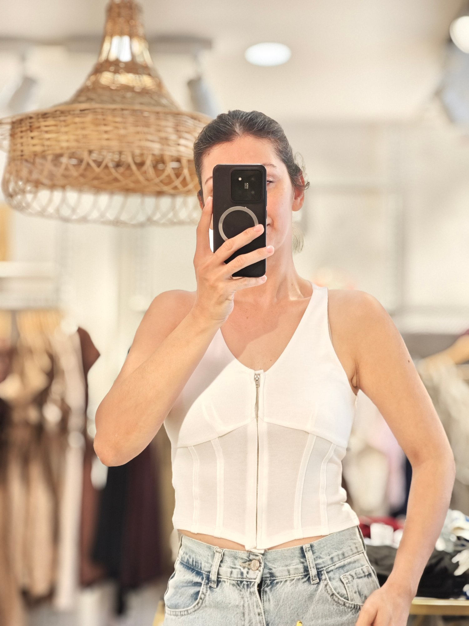 Önden Fermuarlı Body Ekru