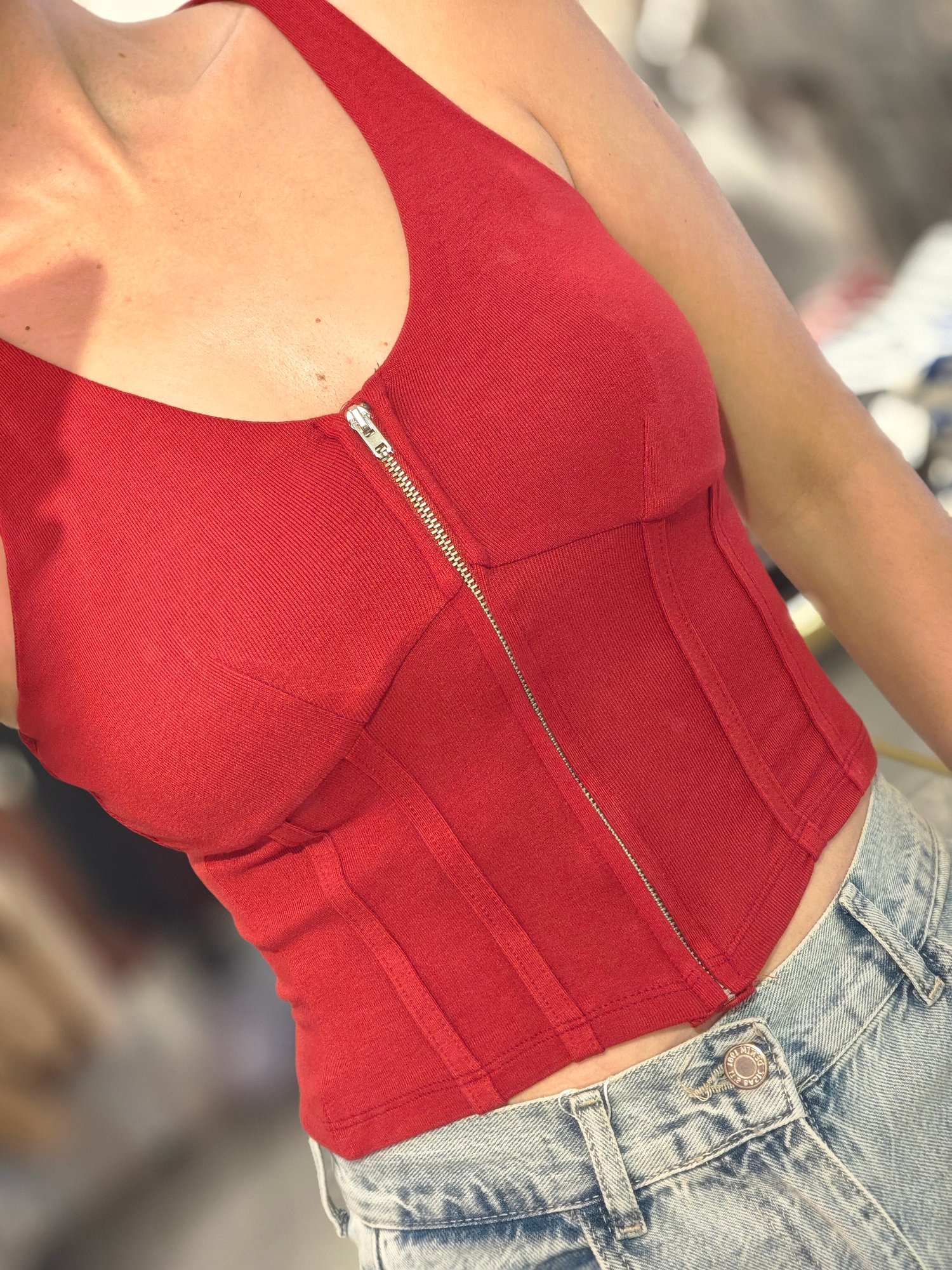 Önden Fermuarlı Body Kırmız