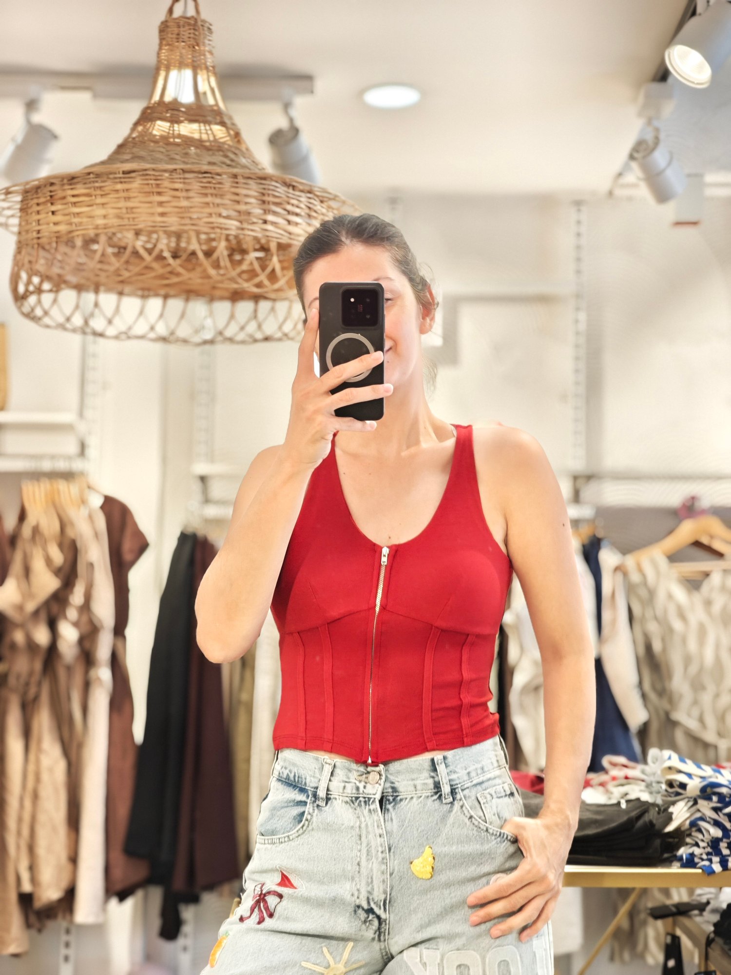 Önden Fermuarlı Body Kırmız