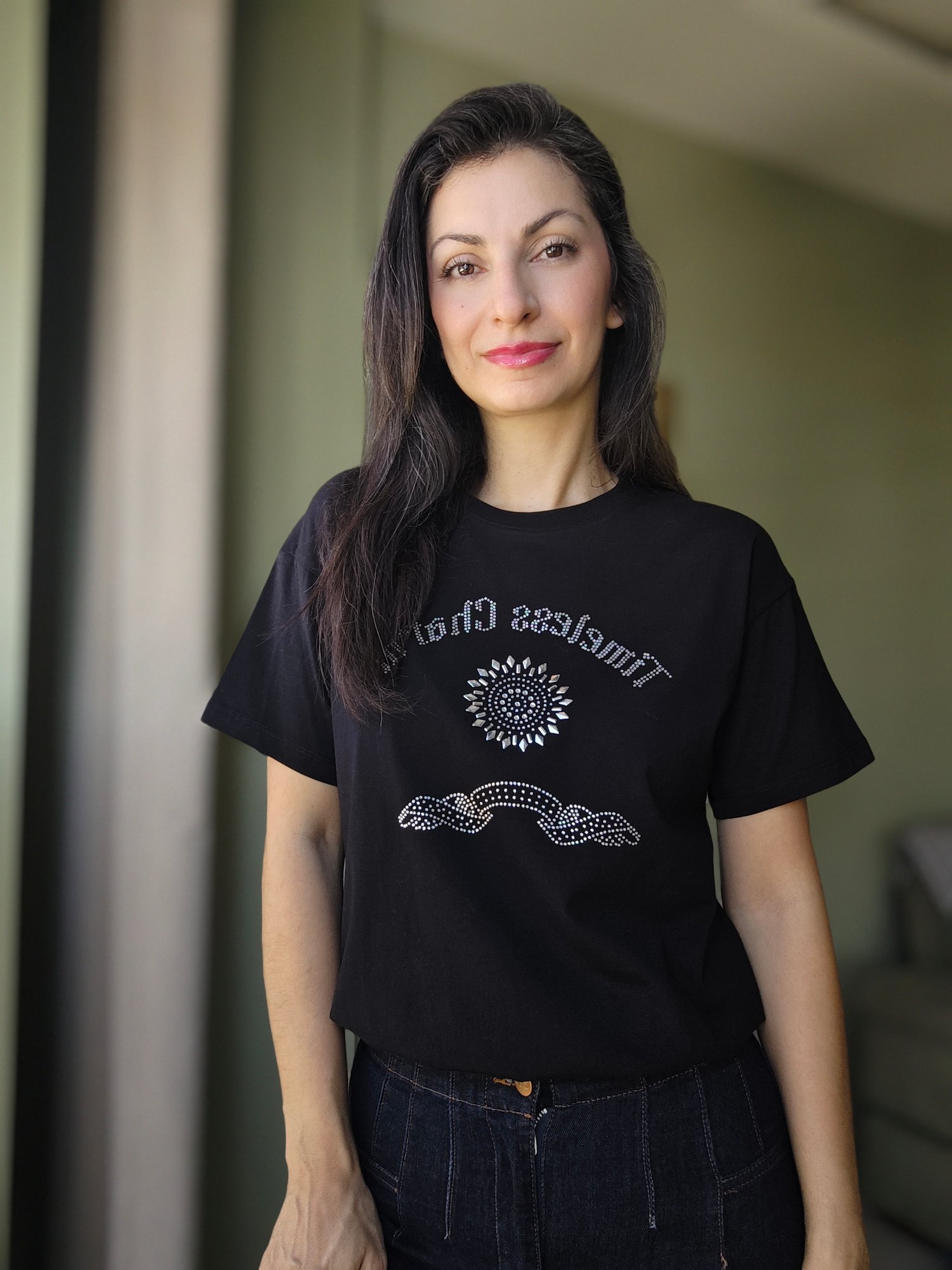 Önü Taşlı Pamuklu Tshirt Siyah