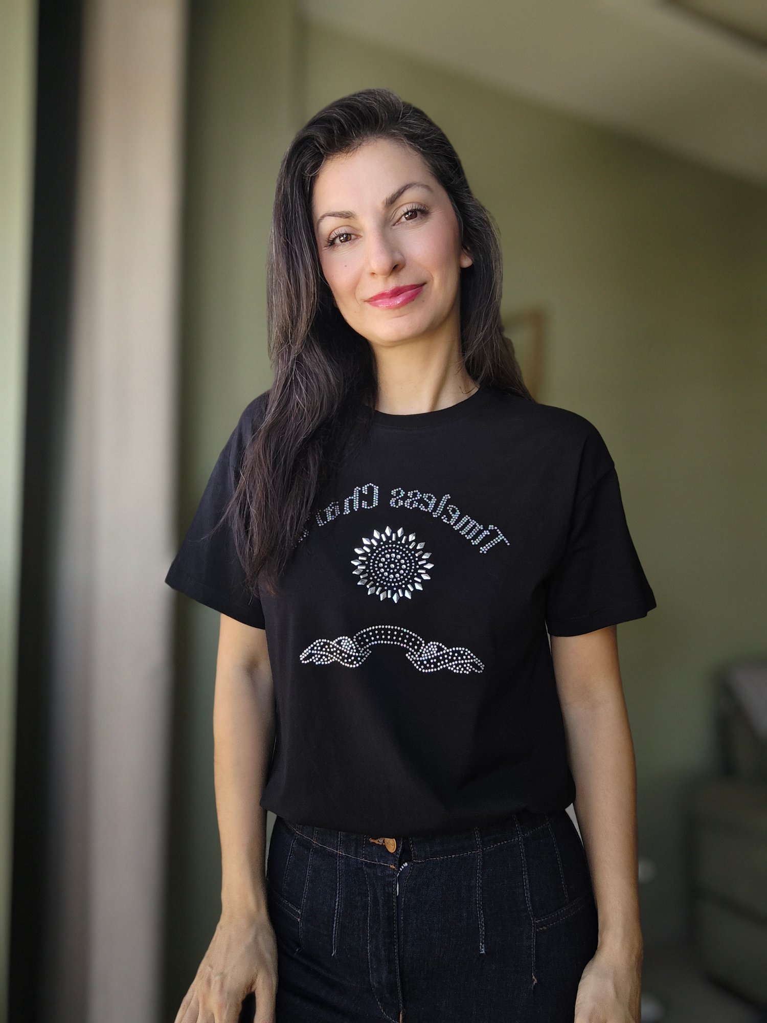 Önü Taşlı Pamuklu Tshirt Siyah