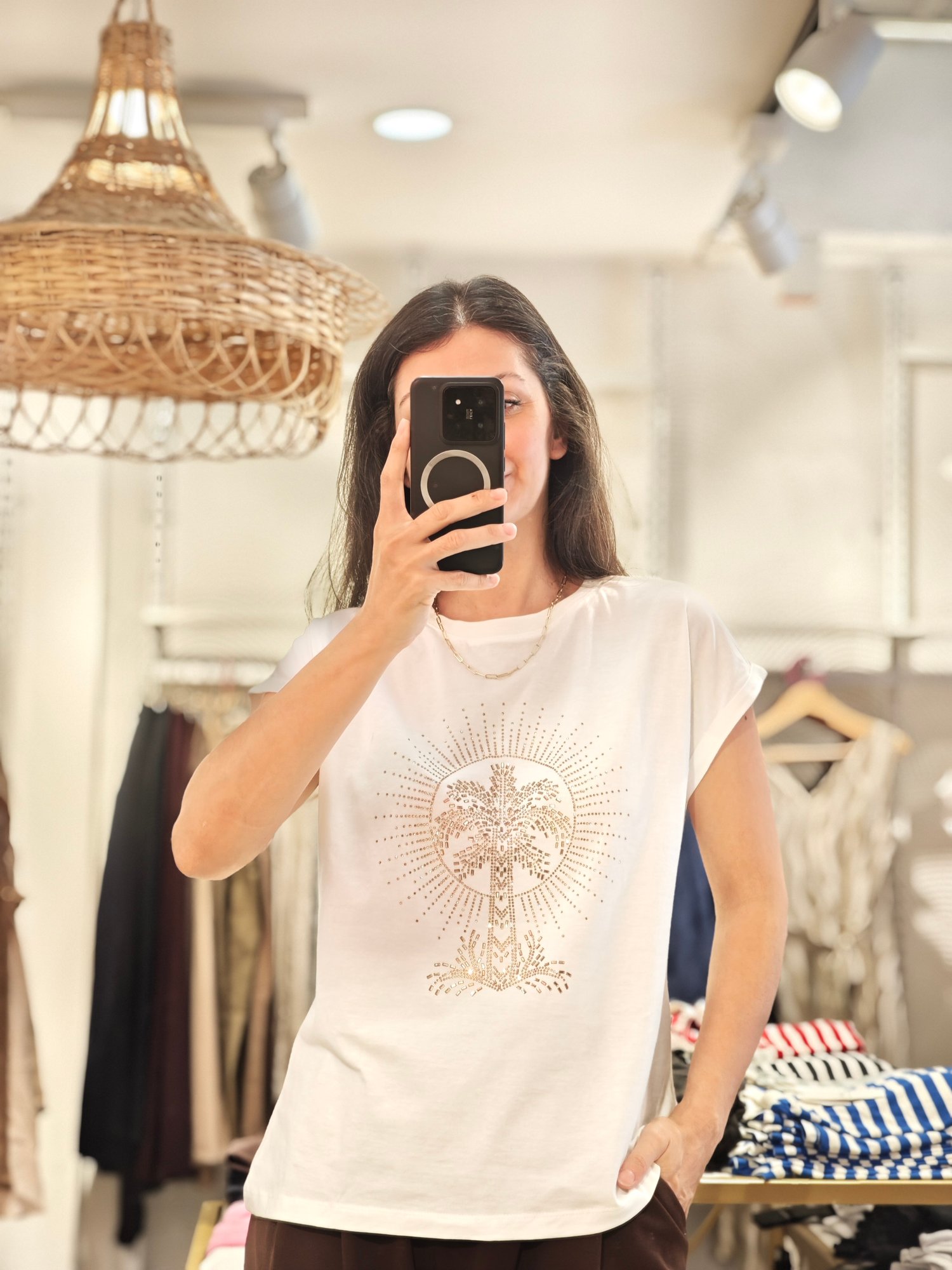 Palmiye Taşlı Tshirt Beyaz