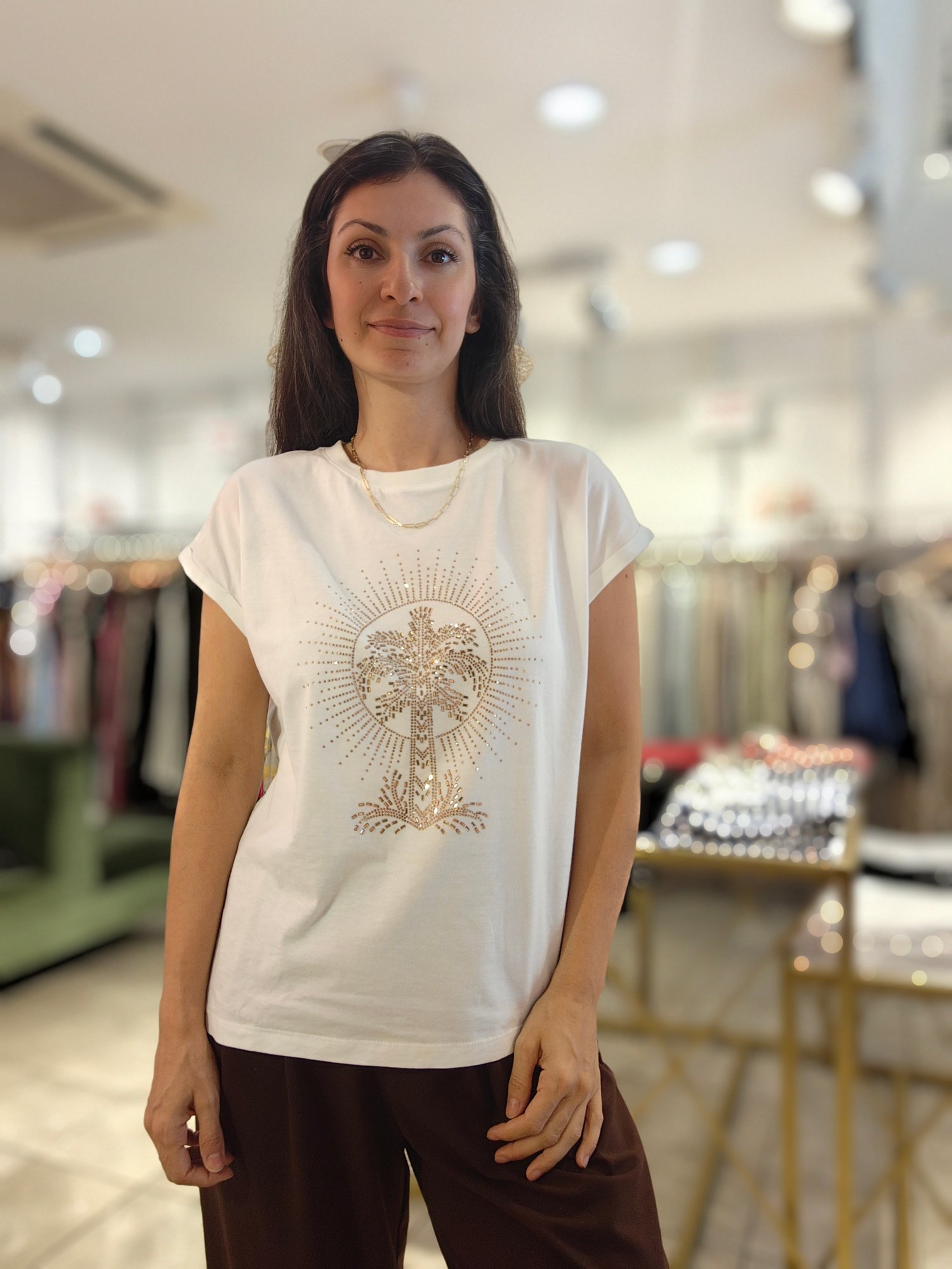 Palmiye Taşlı Tshirt Beyaz
