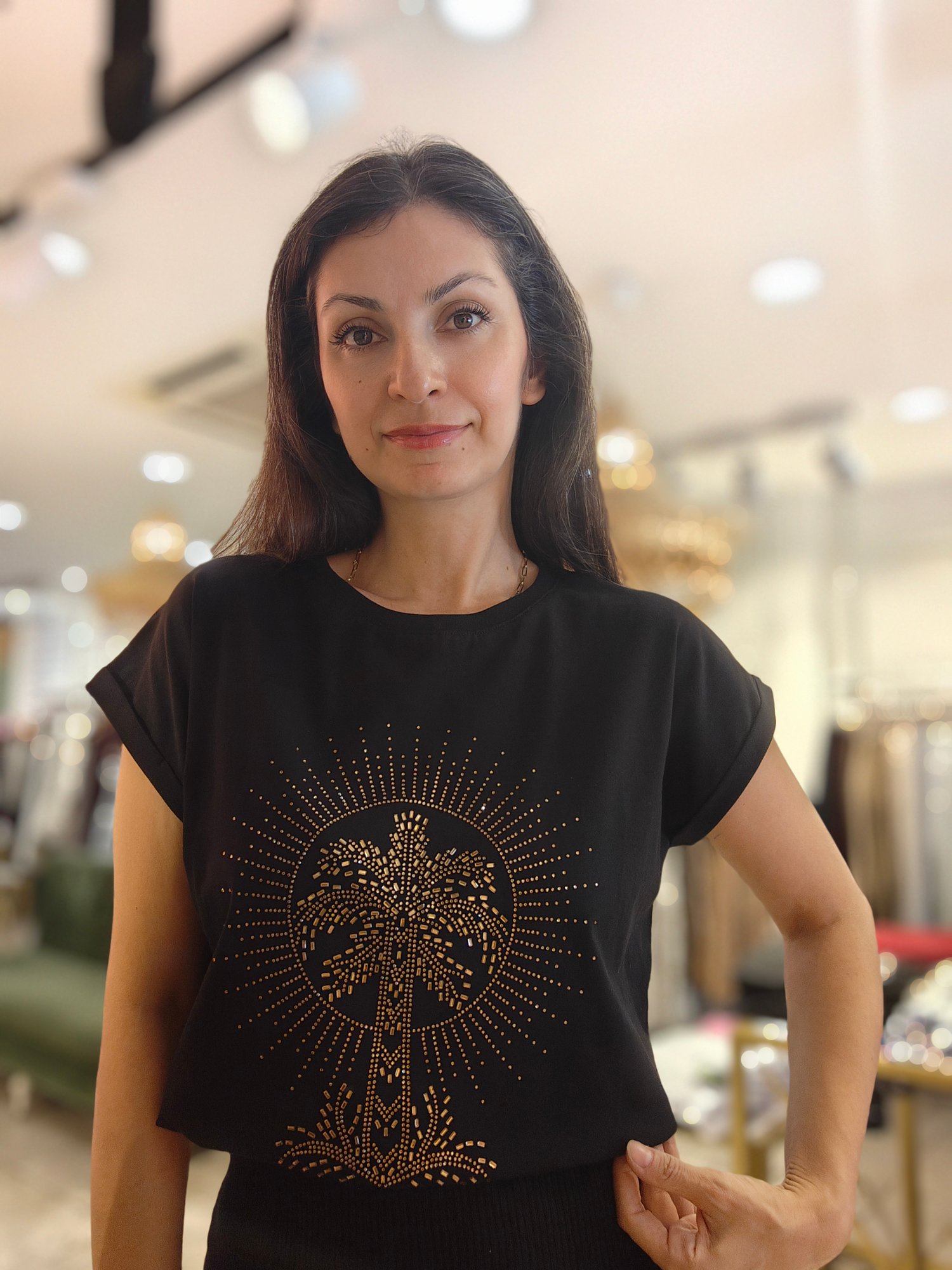 Palmiye Taşlı Tshirt Siyah
