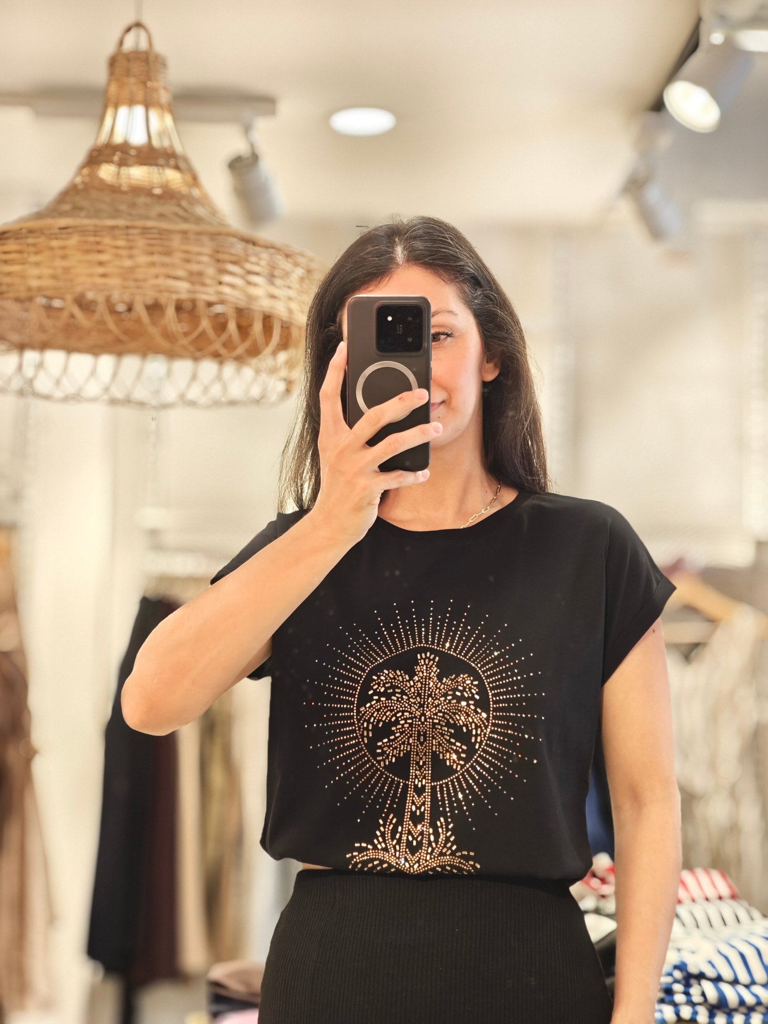 Palmiye Taşlı Tshirt Siyah