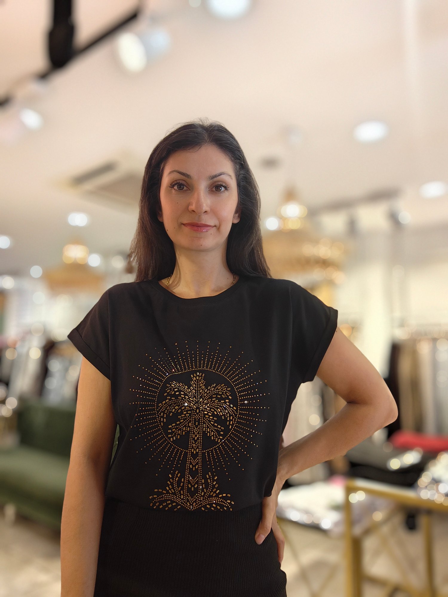 Palmiye Taşlı Tshirt Siyah