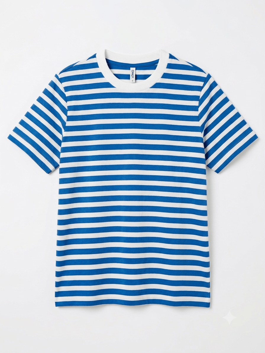 Sıfır Yaka Çizgili Tshirt Mavi