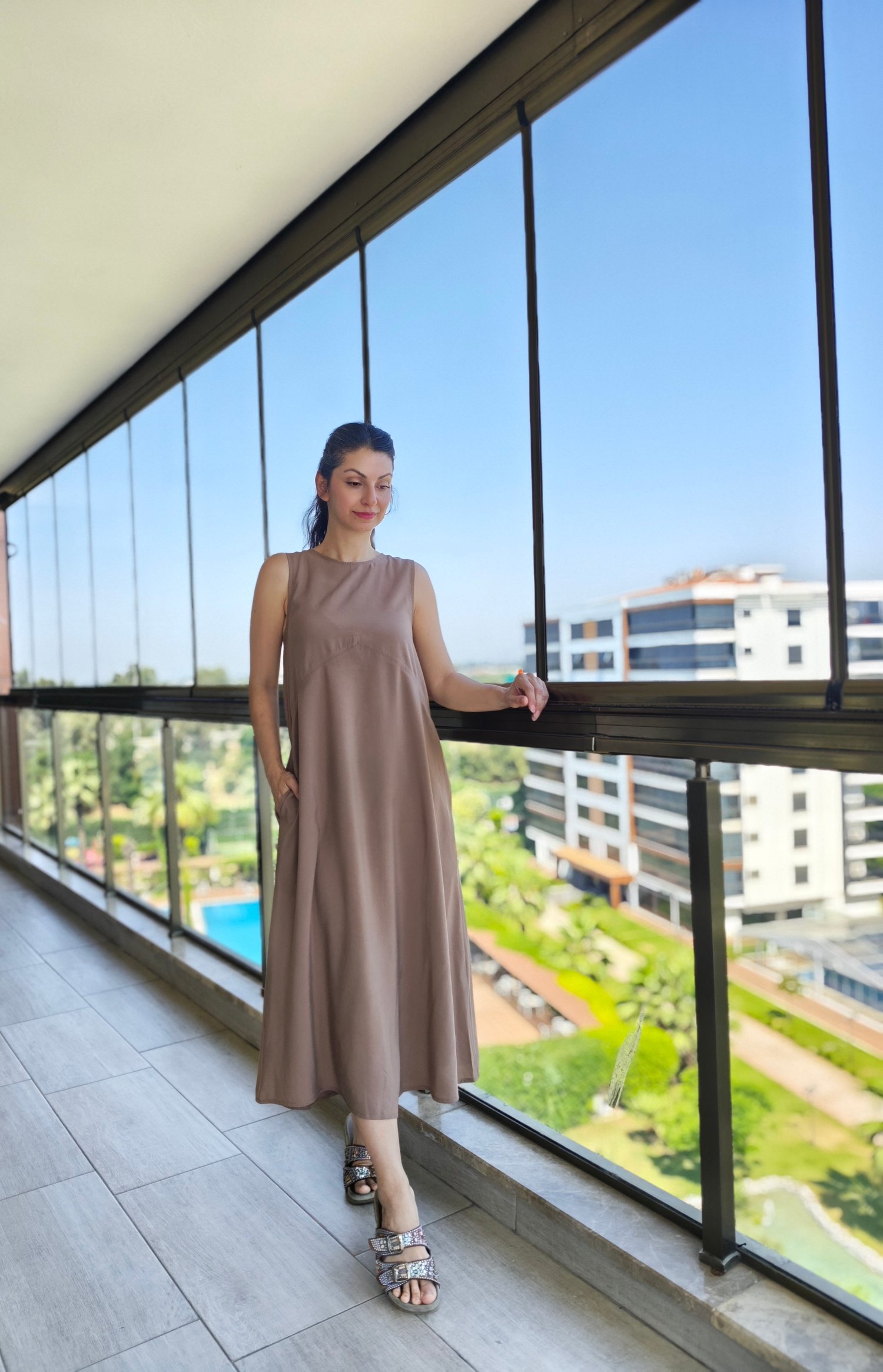 Sıfır Yaka Elbise Yağ Yeşili