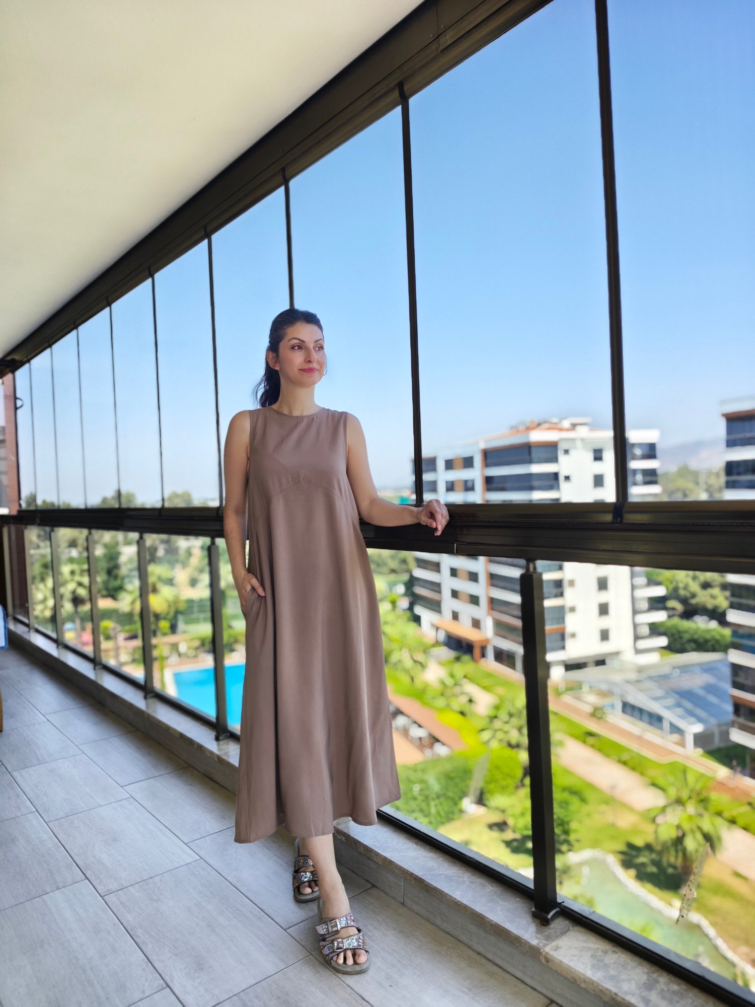 Sıfır Yaka Elbise Yağ Yeşili
