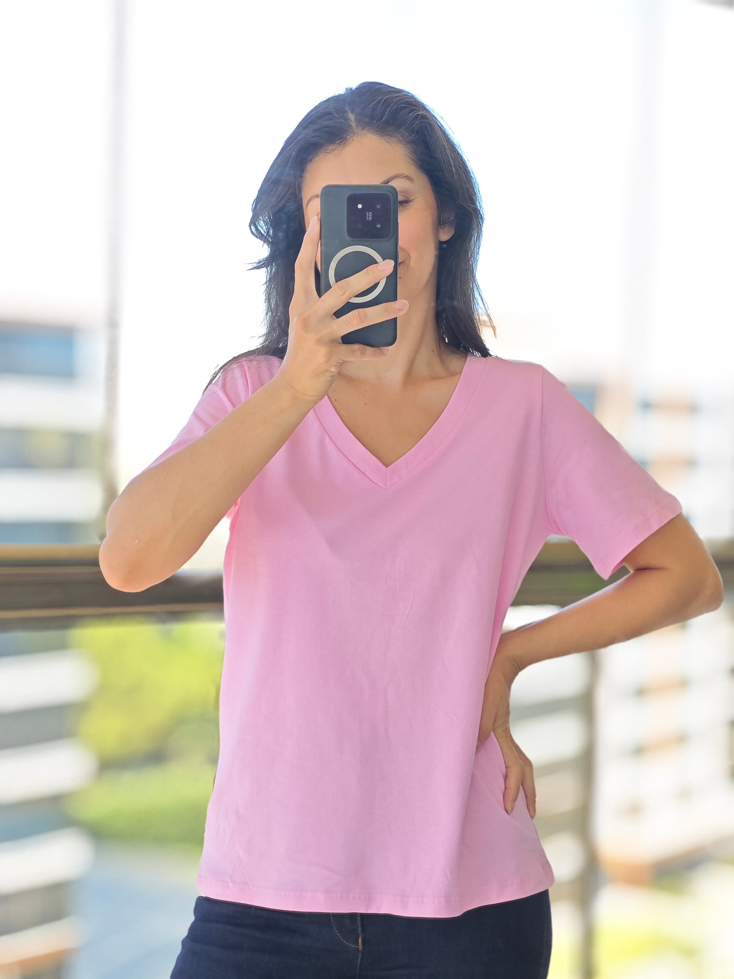 V YAKA TSHİRT Pembe