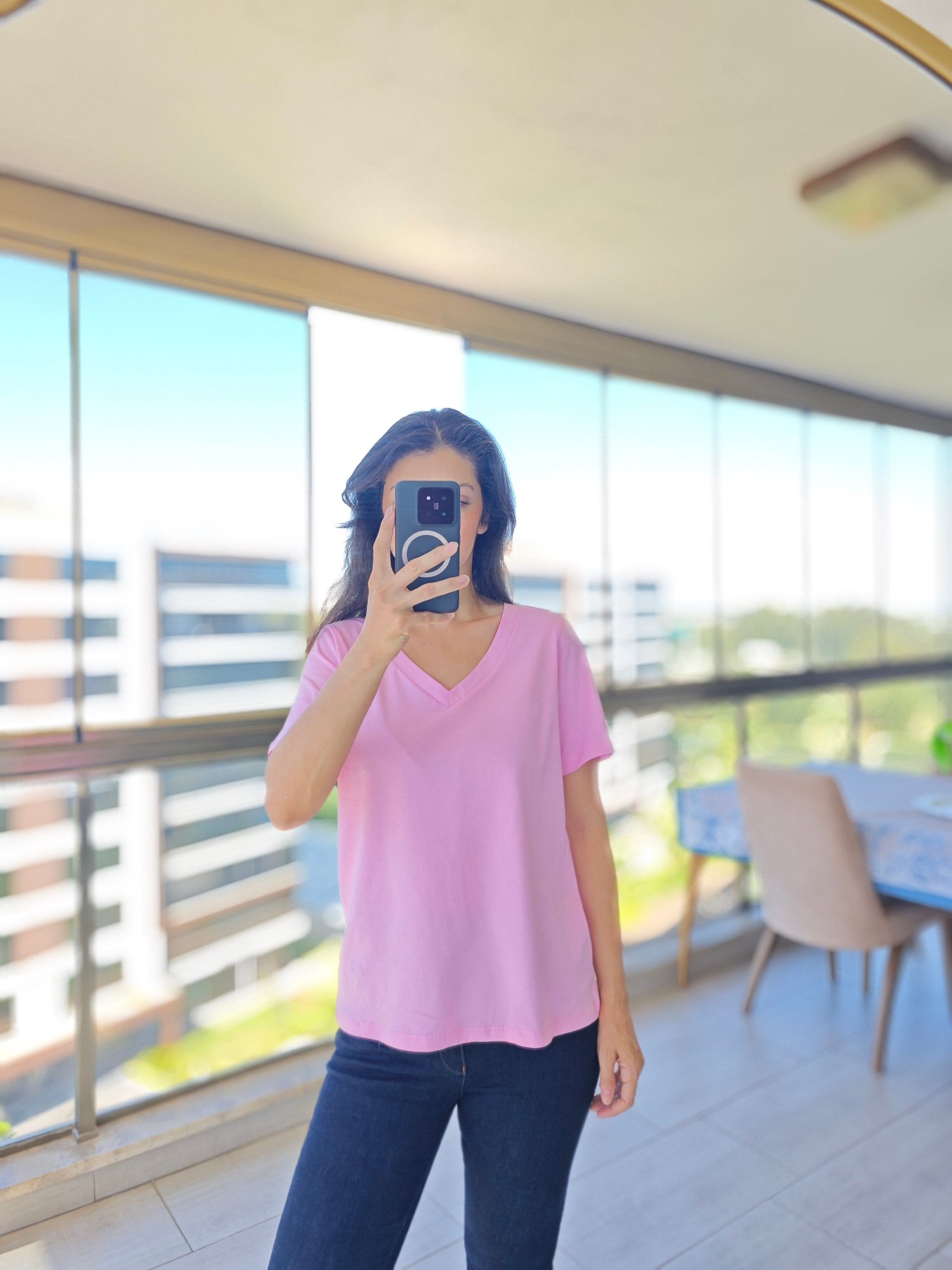 V YAKA TSHİRT Pembe