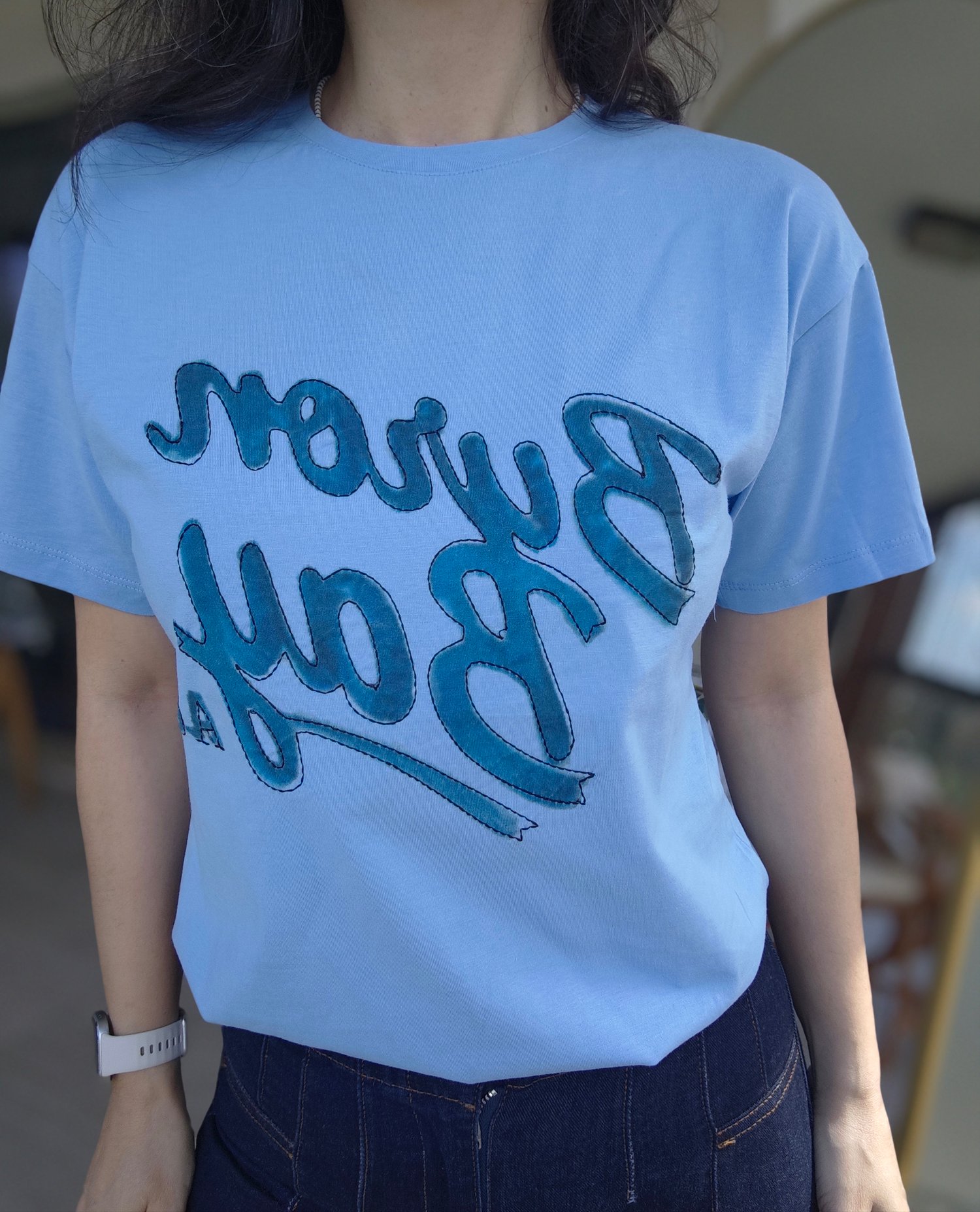 Yazı Detaylı T-shirt Mavi